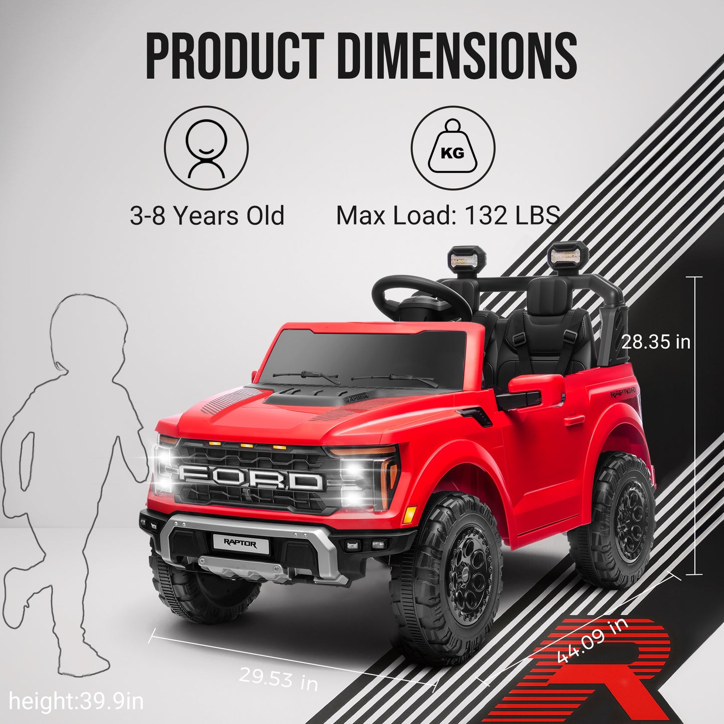 iRerts 24V Ride on Toys for Big Kids, Licensed Ford F 150 Raptor 2 Seater Ride on Cars with Remote Control, Bluetooth, FM Radio, LED Lights, 4 Wheels Suspension, Electric Car for Kids Ages 3-8, Red