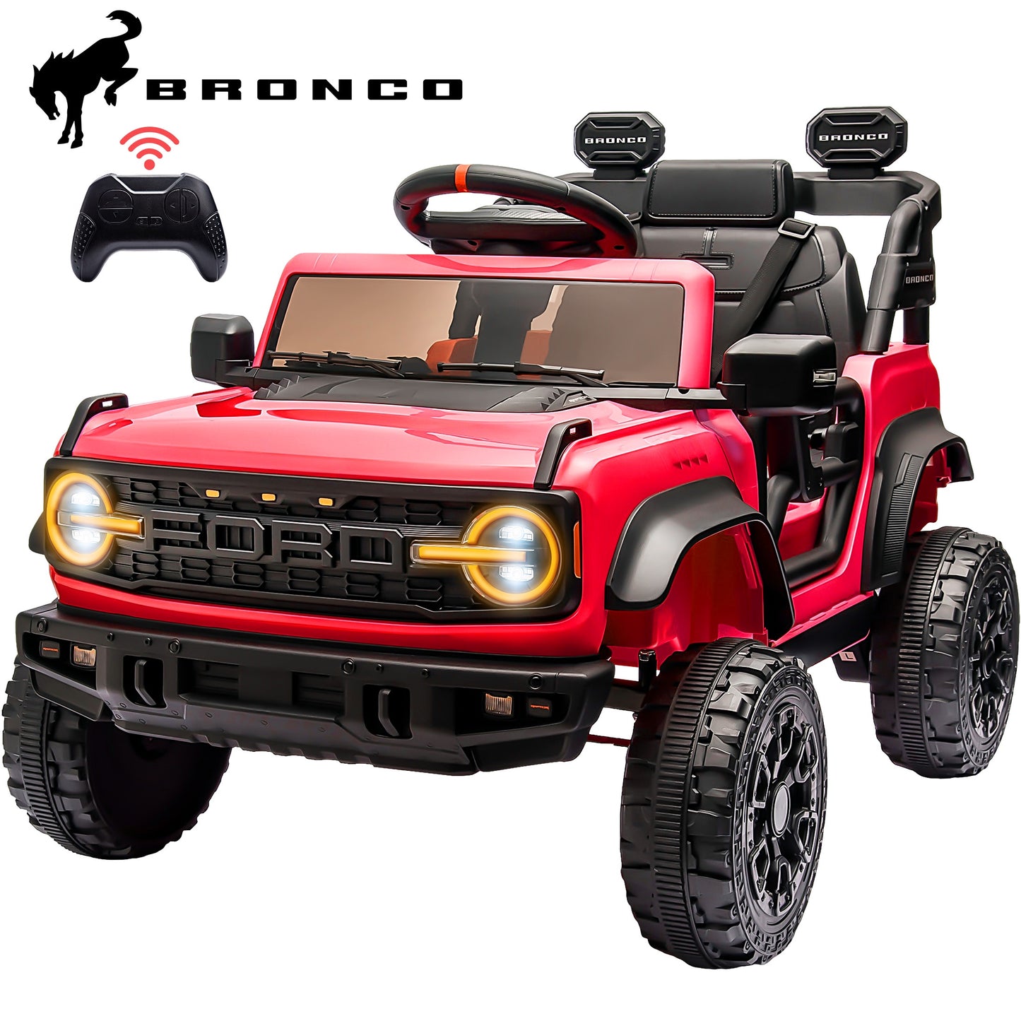 12V Powered Ride on Car, Ford Bronco Raptor Ride on Toys with Remote Control, Battery Powered Ride on Trucks with Bluetooth Music, LED Light, Kids Car Electric Vehicle for Boys Girls Gifts, Red