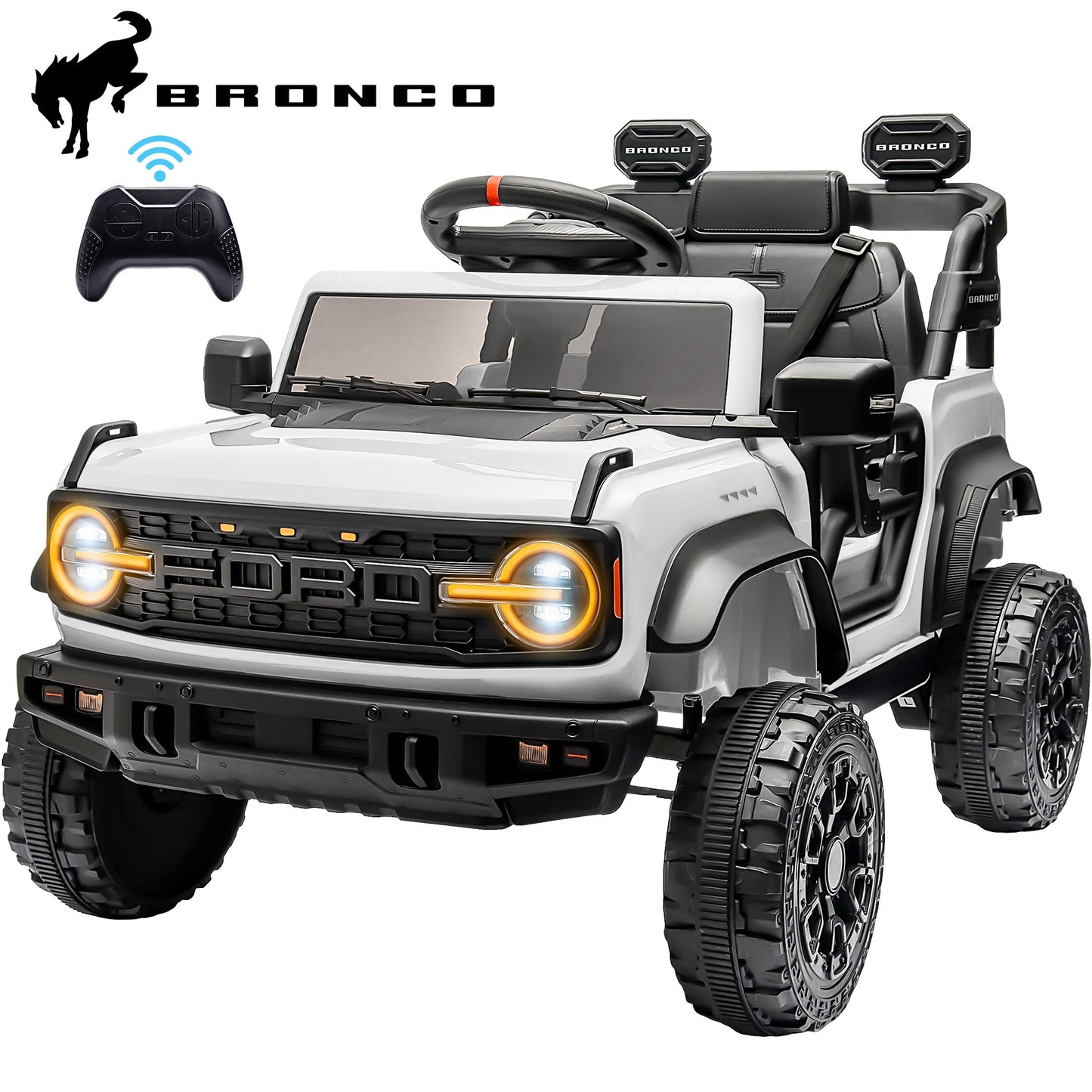 12V Powered Ride on Car, Ford Bronco Raptor Ride on Toys with Remote Control, Battery Powered Ride on Trucks with Bluetooth Music, LED Light, Kids Car Electric Vehicle for Boys Girls Gifts, White