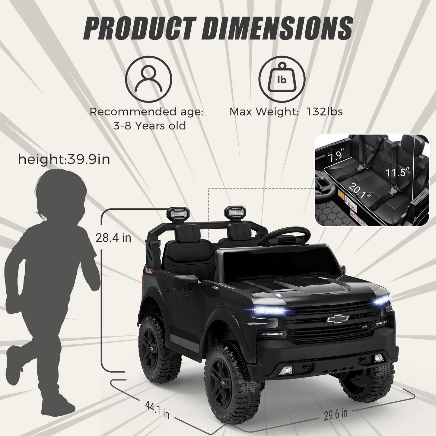 24V Powered Ride on Toys Car, Licensed Chevrolet Silverado 2 Seater Ride on Cars with Remote Control, Spring Suspension, LED Lights, Bluetooth Music, Toddler Electric Car for Kids Ages 3+, Black
