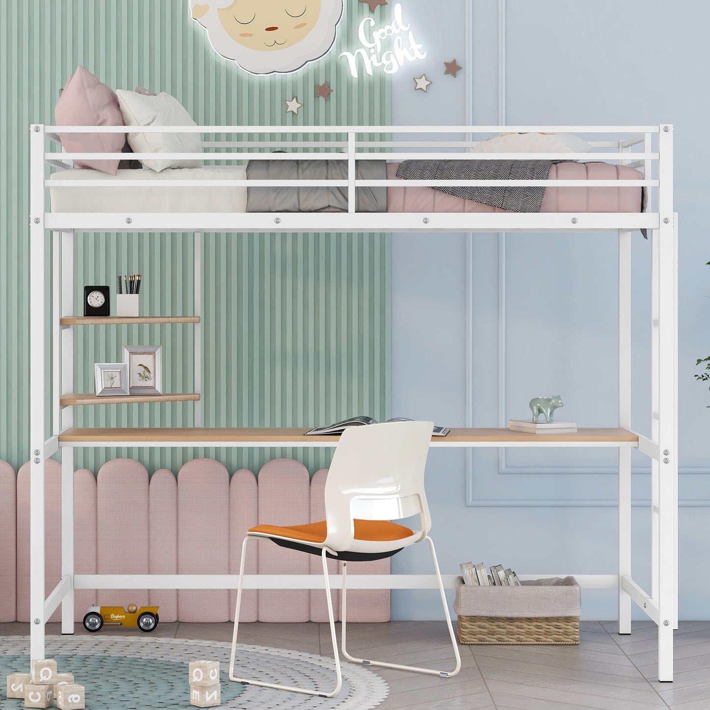 iRerts Twin Loft Bed, Twin Metal Loft Bed with Shelf and Desk, Twin Size Loft Bed with Safety Guardrail, Modern Twin Loft Bed Frame for Dorm Bedroom Guest Room, No Box Spring Needed, White