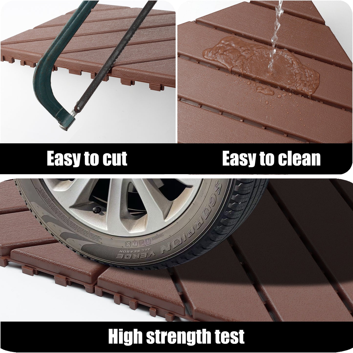 iRerts Plastic Interlocking Deck Tiles, 44 Pack Outdoor Flooring Tiles 12" x 12", All Weather Use, Patio Floor Decking Tiles for Porch Poolside Backyard, Brown