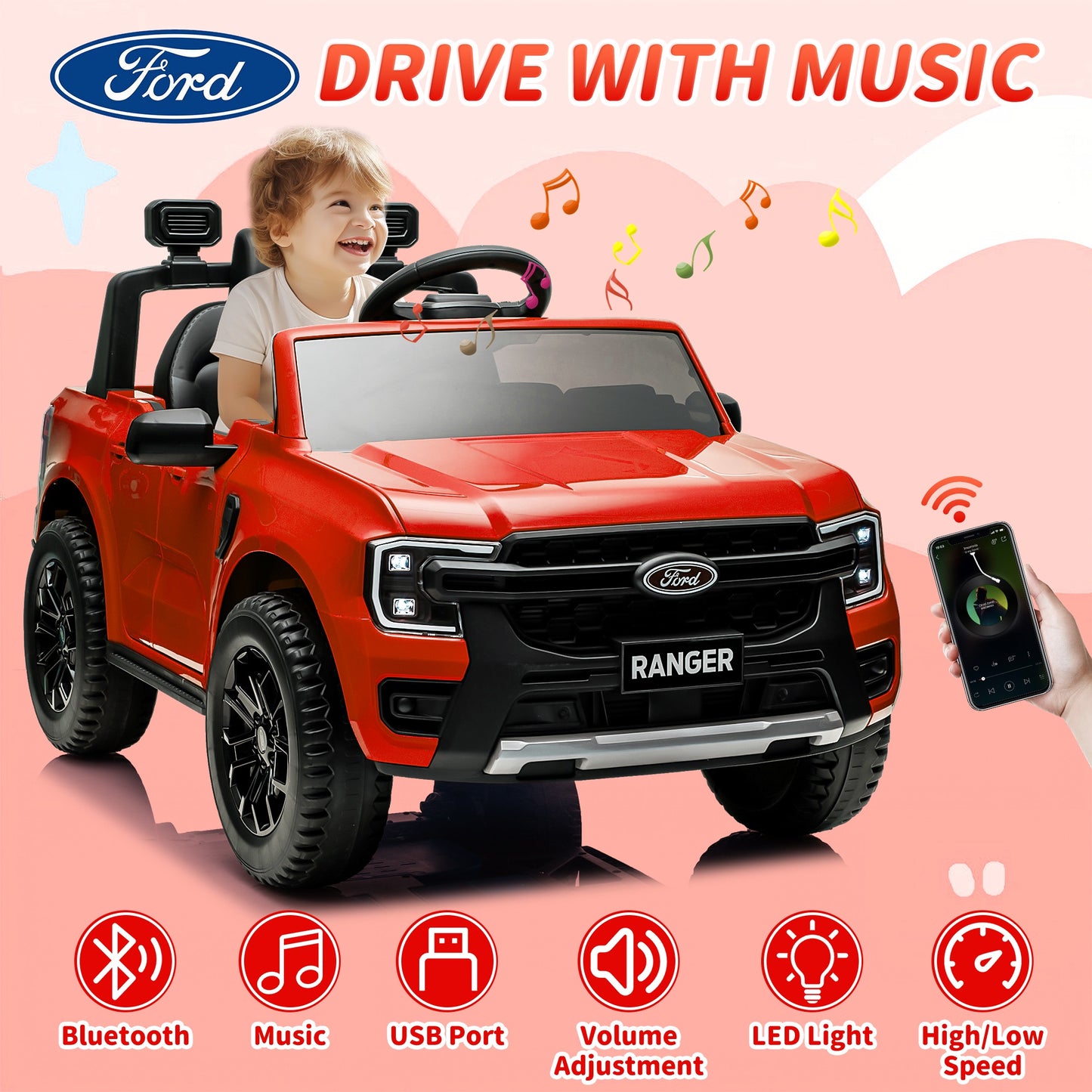 12V Ride on Cars with Remote Control, Ford Ranger Electric Cars for Kids with Bluetooth, Music, USB Port, Horn, LED Lights, Battery Powered Ride on Toys for Kids Boys Girls 3-6 Ages Gifts, Red