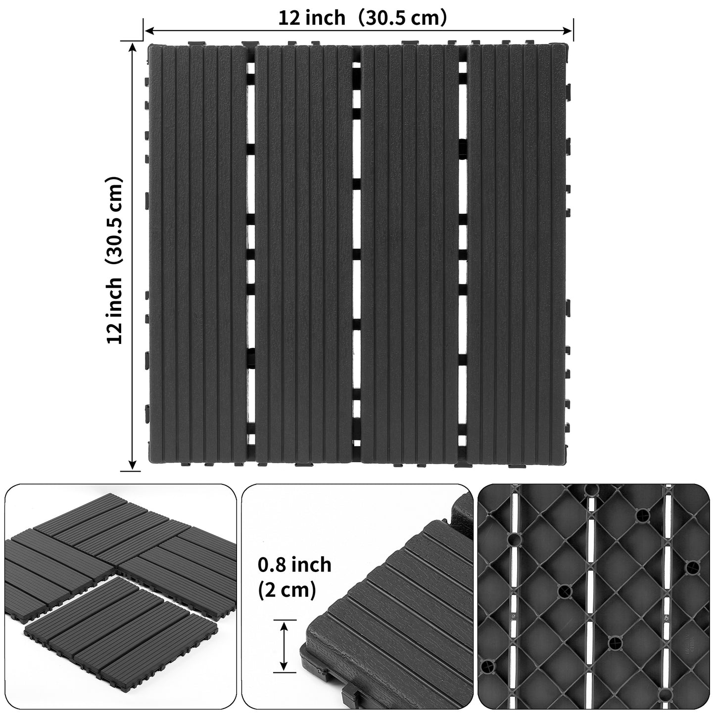 iRerts Plastic Interlocking Deck Tiles, 44 Pack Outdoor Flooring Tiles 12" x 12", All Weather Use, Patio Floor Decking Tiles for Porch Poolside Balcony Backyard, Gray