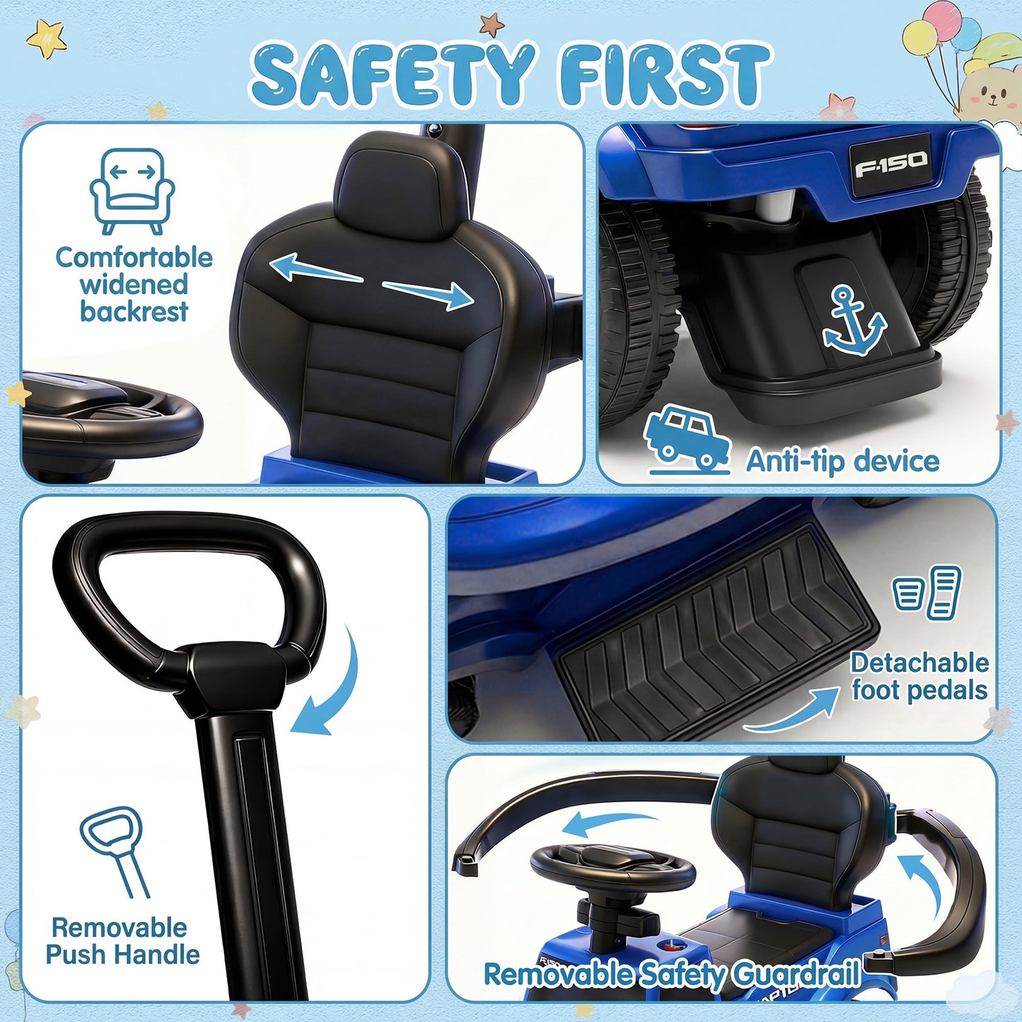 Push Car for Toddlers 1-3, Licensed Ford F-150 3-in-1 Kids Ride on Toy with Parent Push Handle, Foot to Floor Sliding Car with Horn & Lights, Under Seat Storage, Blue