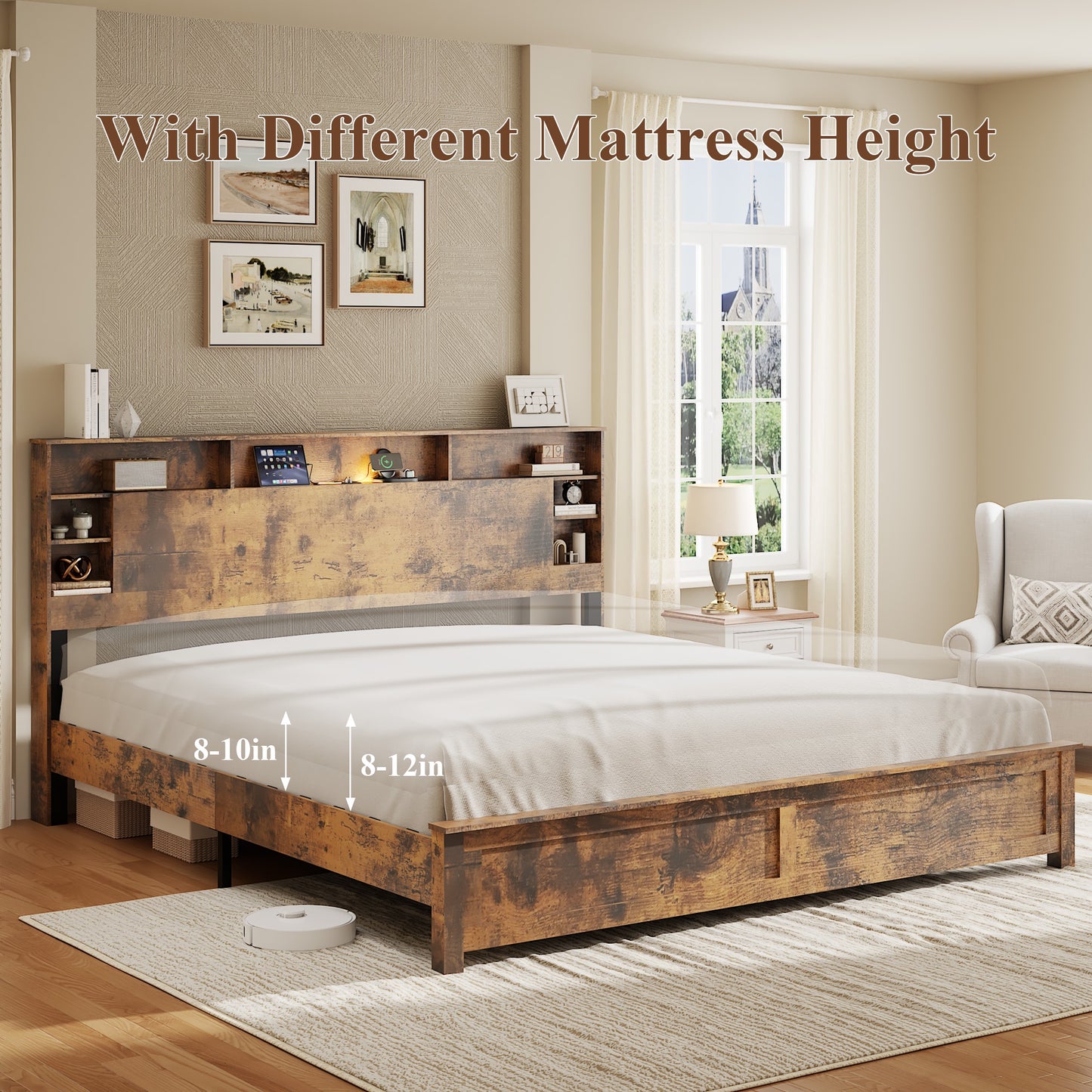 iRerts Wood King Platform Bed Frame, King Bed Frame with Storage Headboard, Charging Station, LED Lights, King Bed Frame No Box Spring Needed, Dark Brown