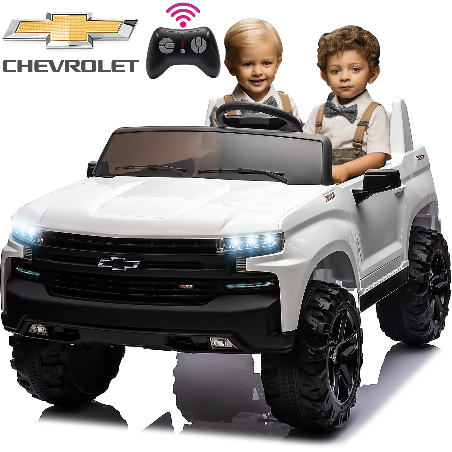 Chevrolet Silverado 24V Ride on Cars with Remote Control, 2 Seater 4 Wheels Kids Electric Cars with Bluetooth, LED Lights, Battery Powered Ride on Truck Toys for Boys Girls Christmas Gifts, White