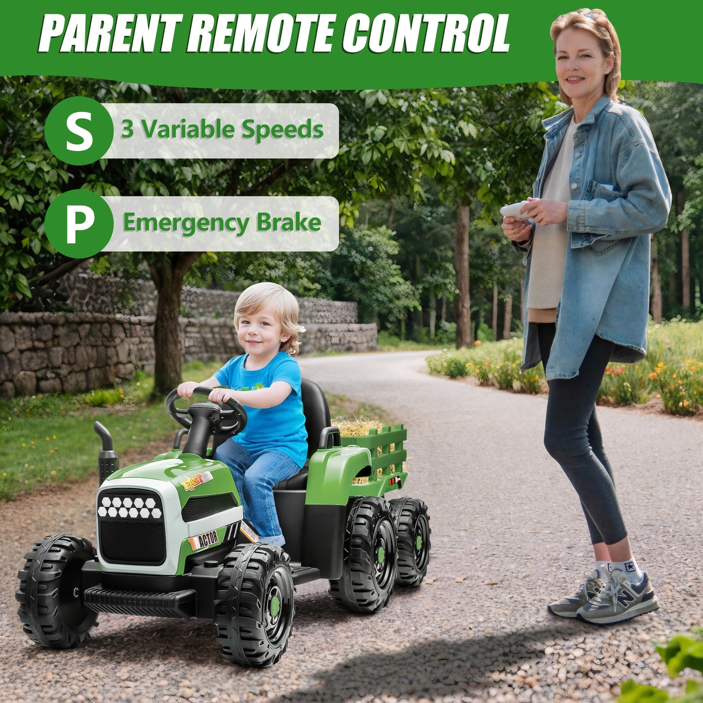 Powered Ride on Toy Tractor, 24V Kids Ride on Car with Remote Control, Electric Vehicles for Kids Toddlers 3-6 Years with 3 Speeds, Bluetooth, Music Player, LED Light, Rear Wheel Suspension, Emerald