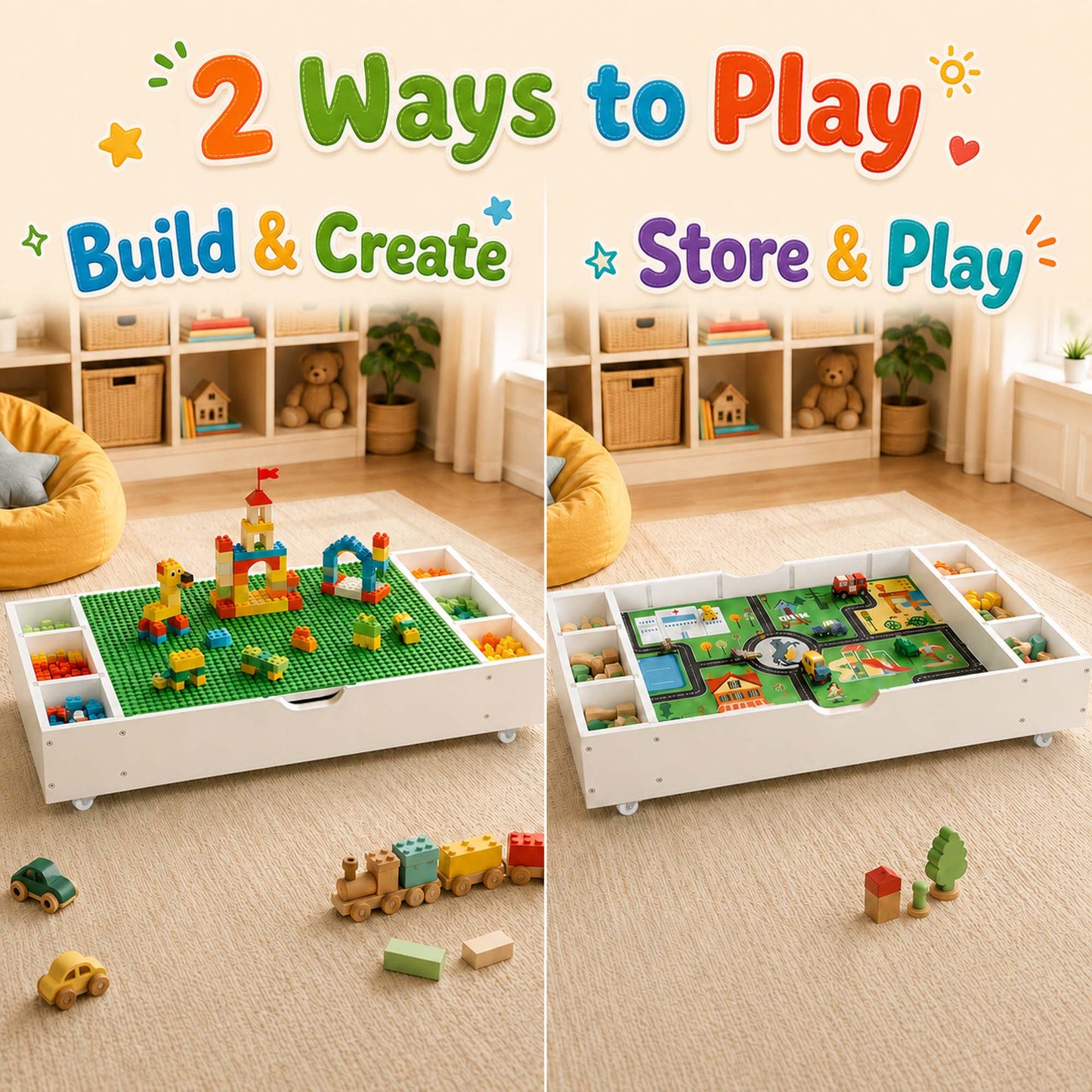 Kids Activity Table, 3 in 1 Reversible Kids Play Table with Building Bricks, Whiteboard, City Road Map, Toy Organizer Compatible, Wood Building Block Desk for Drawing, Reading, Arts, Crafts, White