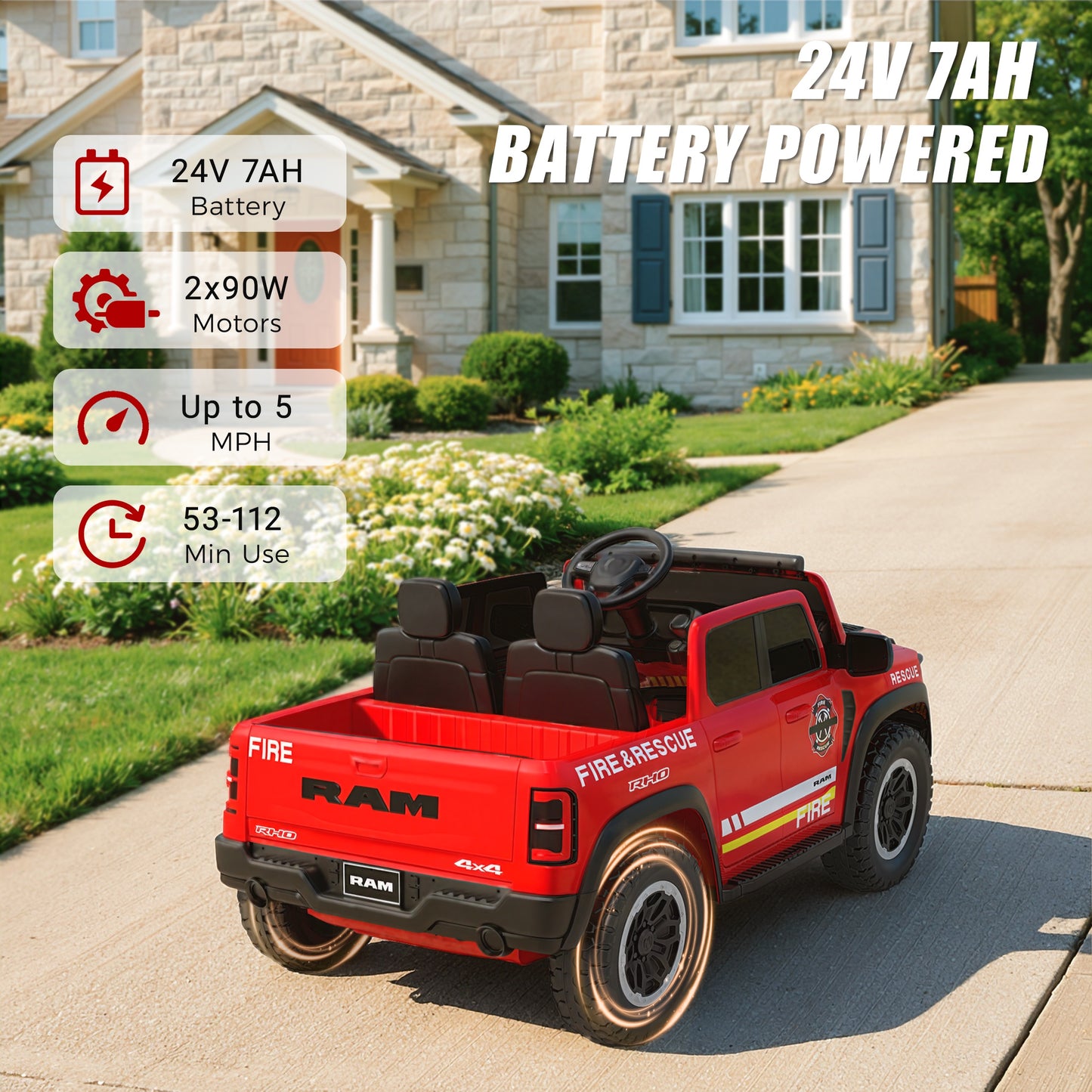 24V Licensed RAM 1500 Ride on Fire Truck for Kids, 2 Seater Ride on Car with Parent Remote Control, Bluetooth, LED Lights, Siren, Rear Storage, 4-Wheel Suspension, Ages 3-8, Red