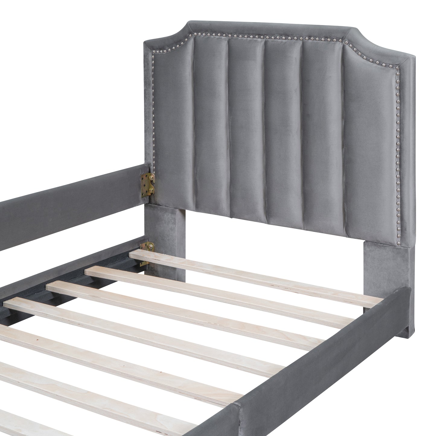 iRerts Upholstered Twin Platform Bed Frame, Velvet Twin Daybed Frame with Classic Stripe Shaped Headboard and Footboard, Wood Twin Size Sofa Bed for Kids Girls Boys, No Box Spring Needed, Gray