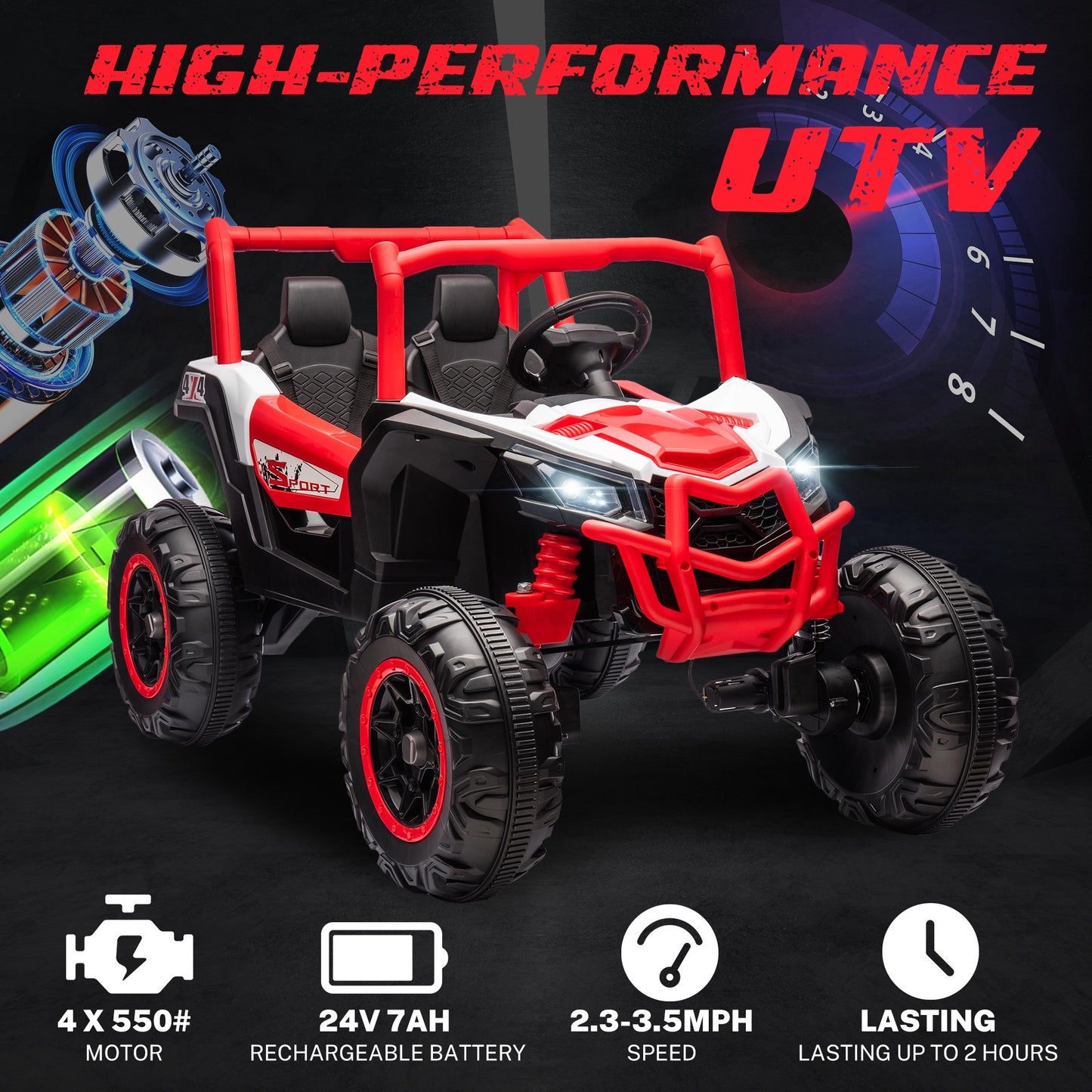iRerts 24V Ride on UTV Cars 2 Seater, Kids Electric Ride on Toy Car with Remote Control, Music, LED Light, USB, Bluetooth, Kids Electric Vehicle for Christmas Birthday Gifts, Red