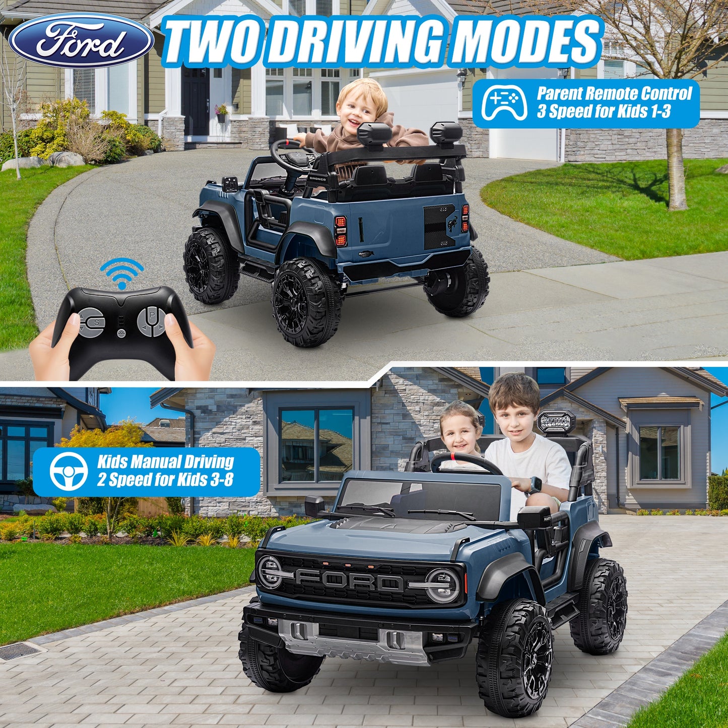 24V 2 Seater Ride on Toy Car, Licensed Ford Bronco Raptor Ride on Trucks with Remote Control, Bluetooth Music Player, Spring Suspension, Battery Powered Electric Car for Kids Boys Girls Ages 3-8, Blue