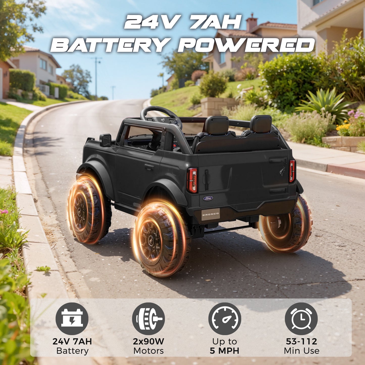 iRerts 2 Seater Ride on Cars, Licensed Ford Bronco Base 24V Ride on Toys for Big Kids Ages 3-8, Powered Kids Car Electric Vehicle with Remote Control, Bluetooth, LED Lights, 4 Wheel Suspension, Black