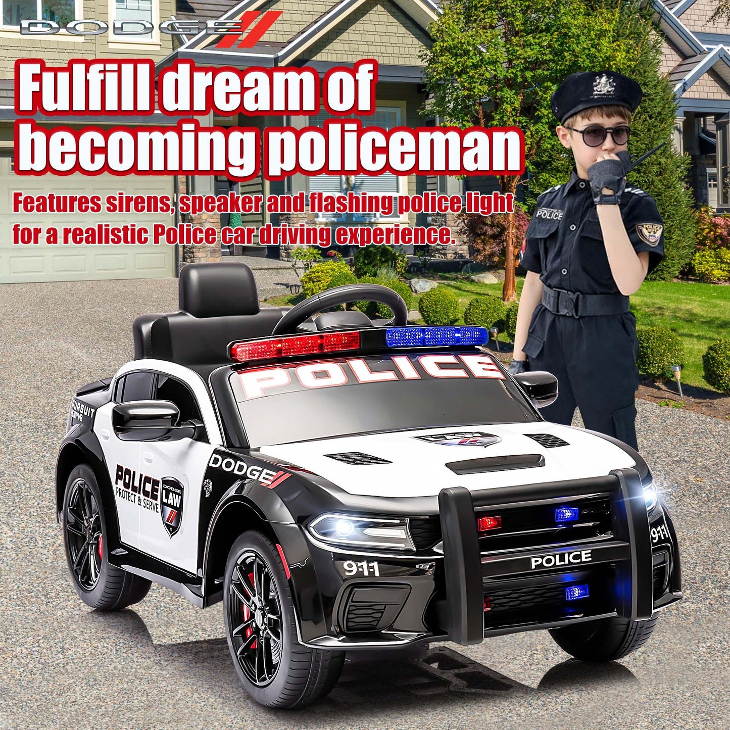 Dodge Charger 12V Ride on Police Cars, Battery Powered Ride on Toy Car with Remote Control for Boys Girls Gifts, Electric Car for Kids with Bluetooth, Music Player, LED Lights, 3 Speeds, White
