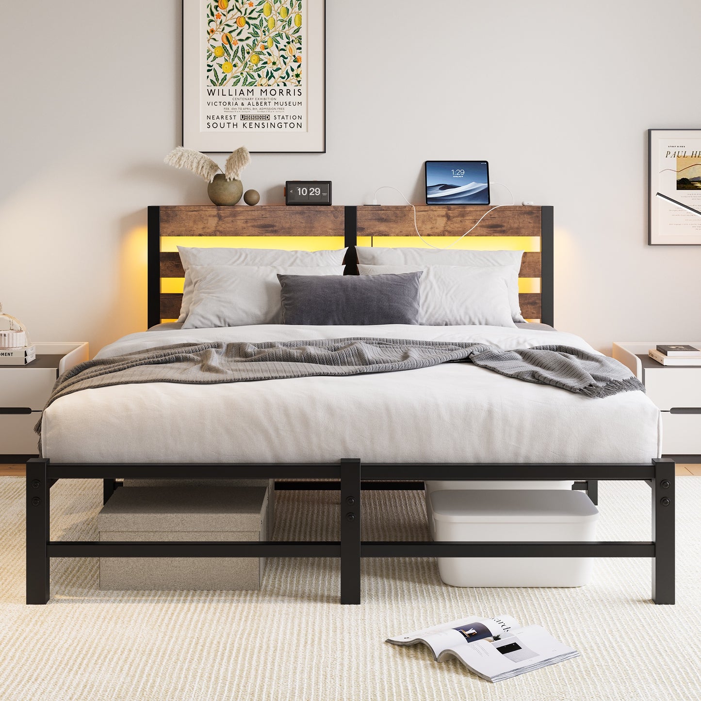 iRerts Queen Bed Frame with Headboard, Metal Platform Bed Frame Queen Size with USB Charging Station, LED Lights, Steel Slats, LED Bed Frame No Box Spring Needed for Bedroom Furniture, Brown