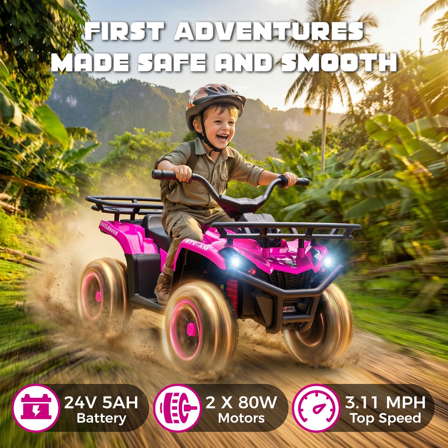iRerts 24V Ride on ATV, Powered Ride on Toys for Kids Boys Girls Ages 3-5, Kids 4 Wheeler Electric Cars with Bluetooth, Music, LED Headlights, Front Rear Storage Racks, Crash Bars, Pink