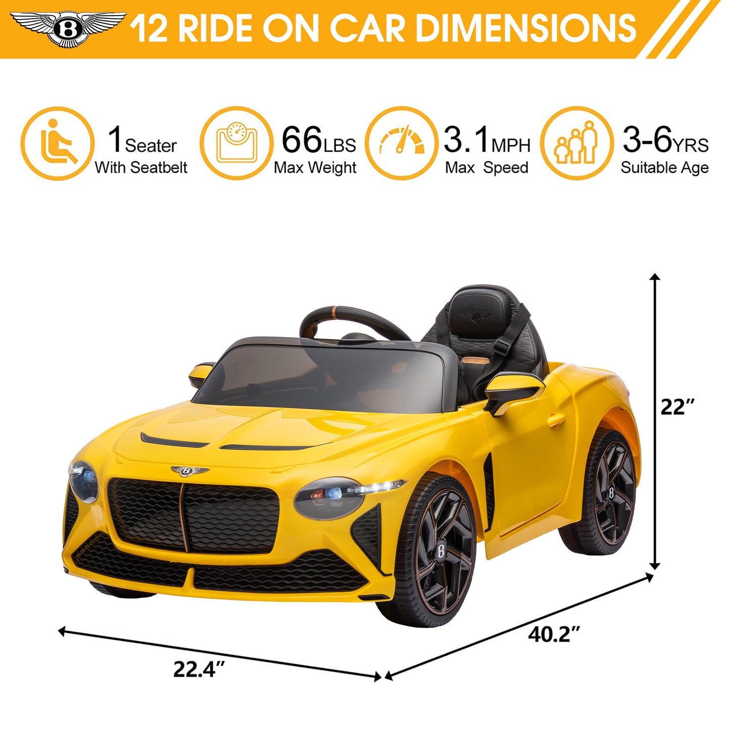 Kids Electric Car for Boys Girls Gift, Licensed Bentley Mulsanne 12V Ride On Cars with Remote Control, Battery Powered Ride On Toys with Bluetooth, USB, MP3, LED Light, Yellow