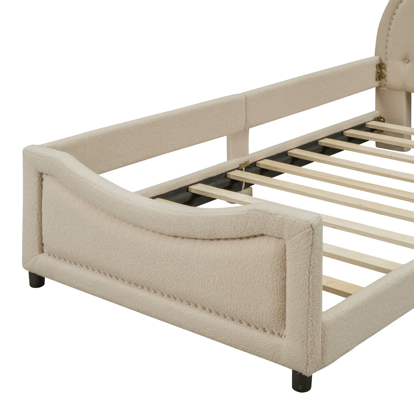 iRerts Twin Size Upholstered Daybed Frame for Kids, Teddy Fleece Twin Platform Bed Frame with OX Hor Shaped Headboard and Footboard, Wood Twin Size Sofa Bed for Girls Boys, Beige