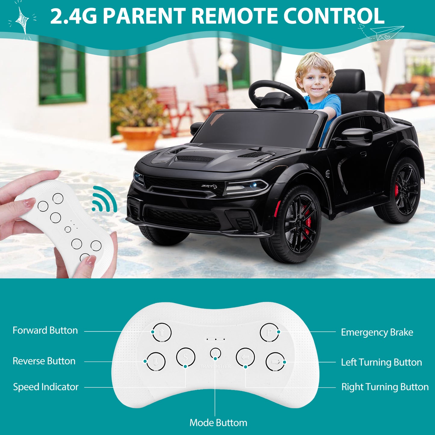 Dodge Charger 12V Ride On Cars with Remote Control, Ride On Vehicles for Kids with LED Light, Bluetooth, USB, MP3, Battery Powered Ride on Toys for Boys Girls 3-5 Years Old Birthday Gifts, Black