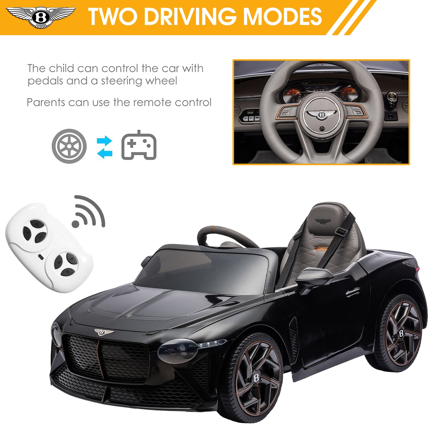 12V Ride On Car with Remote Control, Licensed Bentley Mulsanne Kids Electric Car with Bluetooth, Music, USB, MP3, LED Light, Battery Powered Electric Ride On Vehicle for Boy Girl Birthday Gift, Black