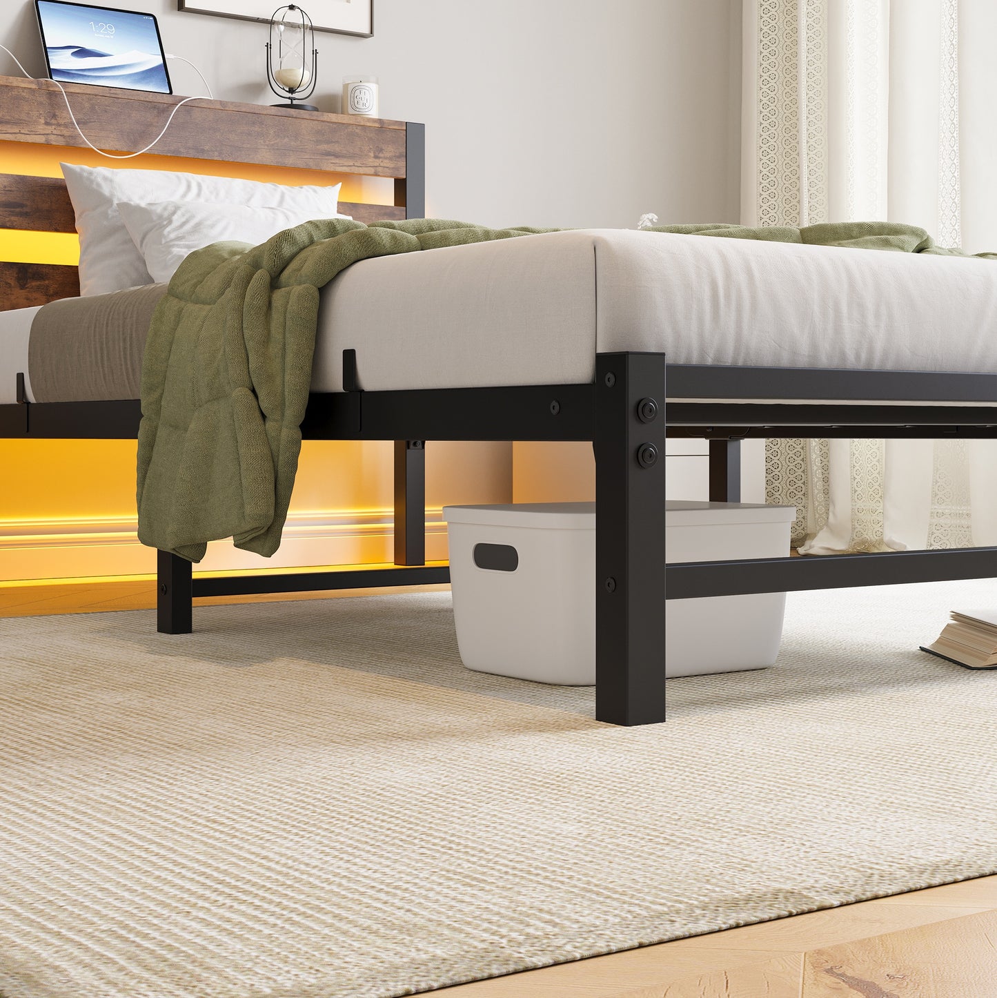 iRerts Twin Bed Frame with Headboard, Metal Platform Bed Frame Twin Size with USB Charging Station, LED Lights, Steel Slats, LED Bed Frame No Box Spring Needed for Bedroom Furniture, Brown