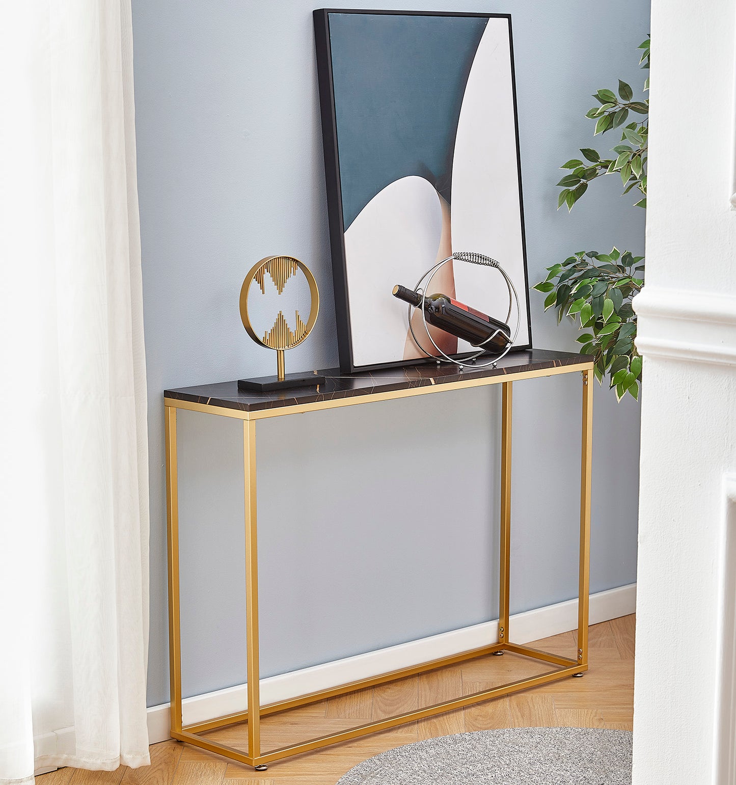 iRerts Console Table Narrow Sofa Table with Metal Frame, Gold Entryway Table with MDF Tabletop, Industrial Skinny Hallway Table Sofa Tables Narrow Long for Hallway Living Room Home Office Entrance