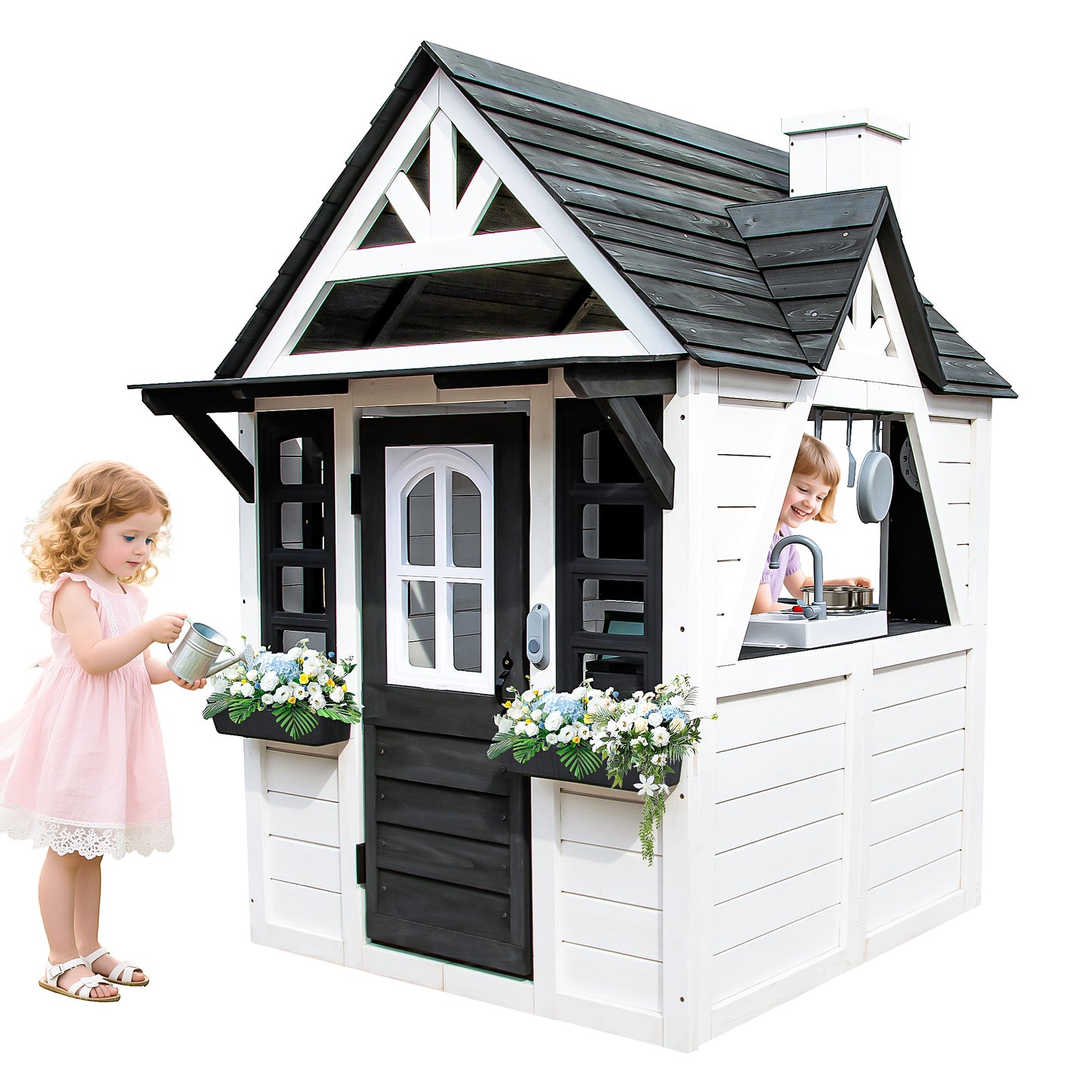iRerts Outdoor Playhouse, Wooden Playhouse for Kids Play House with Front Door, Flower Pot Holders, Stove, Sink, Doorbell, Windows, Indoor Outdoor Kids Play Equipment Gift for Ages 2+, Black+White