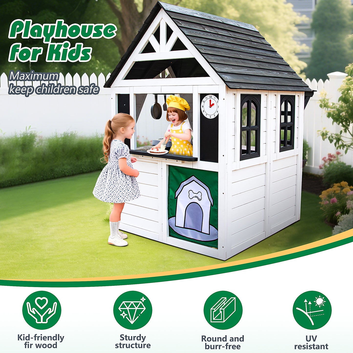iRerts Outdoor Playhouse, Wooden Playhouse for Kids Play House with Front Door, Flower Pot Holders, Stove, Sink, Doorbell, Windows, Indoor Outdoor Kids Play Equipment Gift for Ages 2+, Black+White