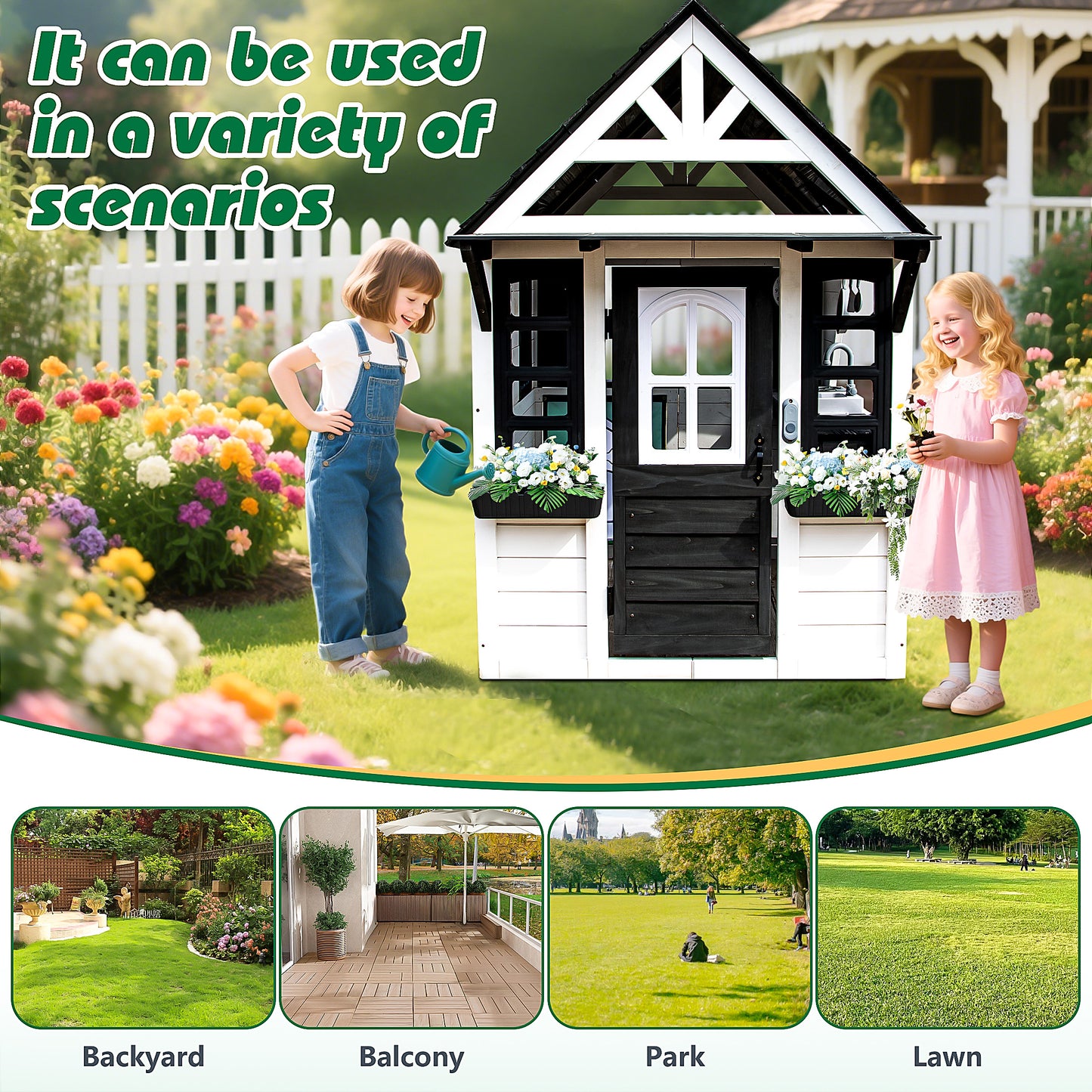 iRerts Outdoor Playhouse, Wooden Playhouse for Kids Play House with Front Door, Flower Pot Holders, Stove, Sink, Doorbell, Windows, Indoor Outdoor Kids Play Equipment Gift for Ages 2+, Black+White