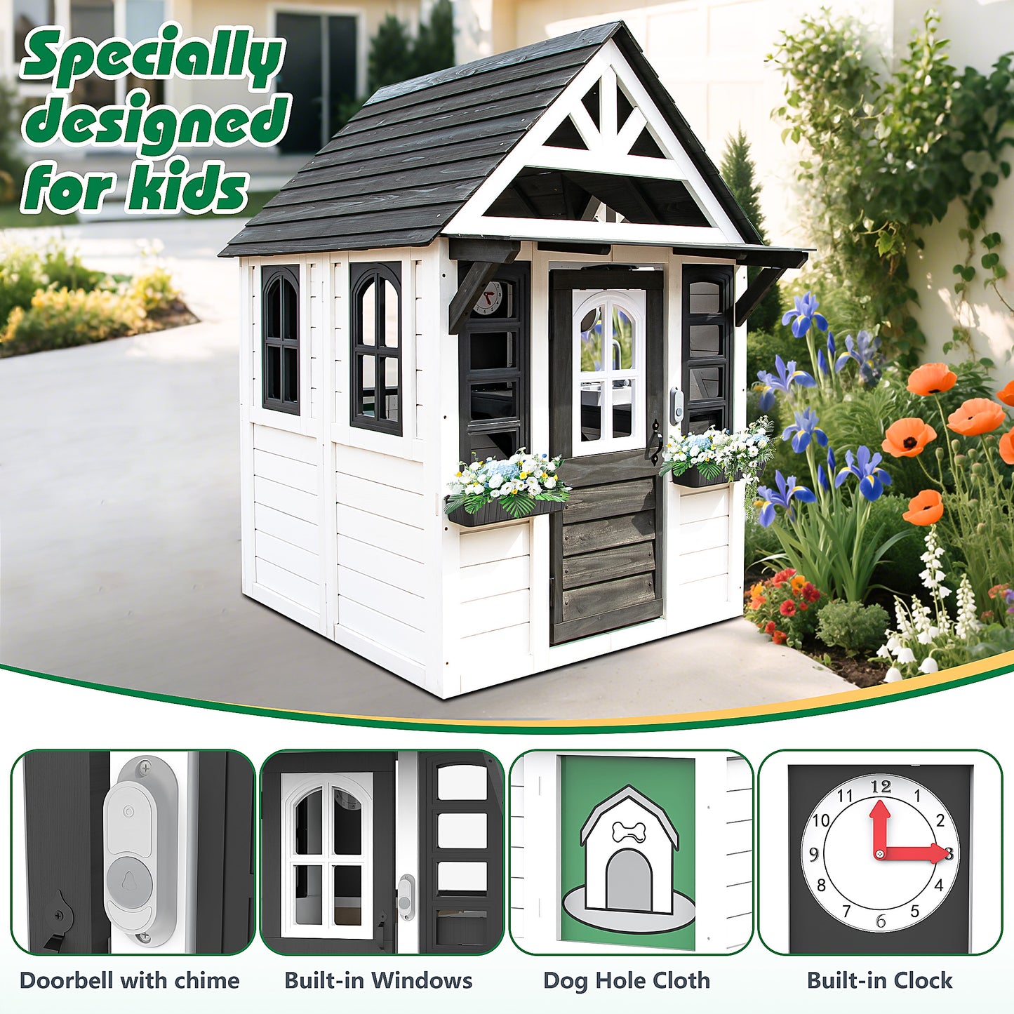 iRerts Outdoor Playhouse, Wooden Playhouse for Kids Play House with Front Door, Flower Pot Holders, Stove, Sink, Doorbell, Windows, Indoor Outdoor Kids Play Equipment Gift for Ages 2+, Black+White