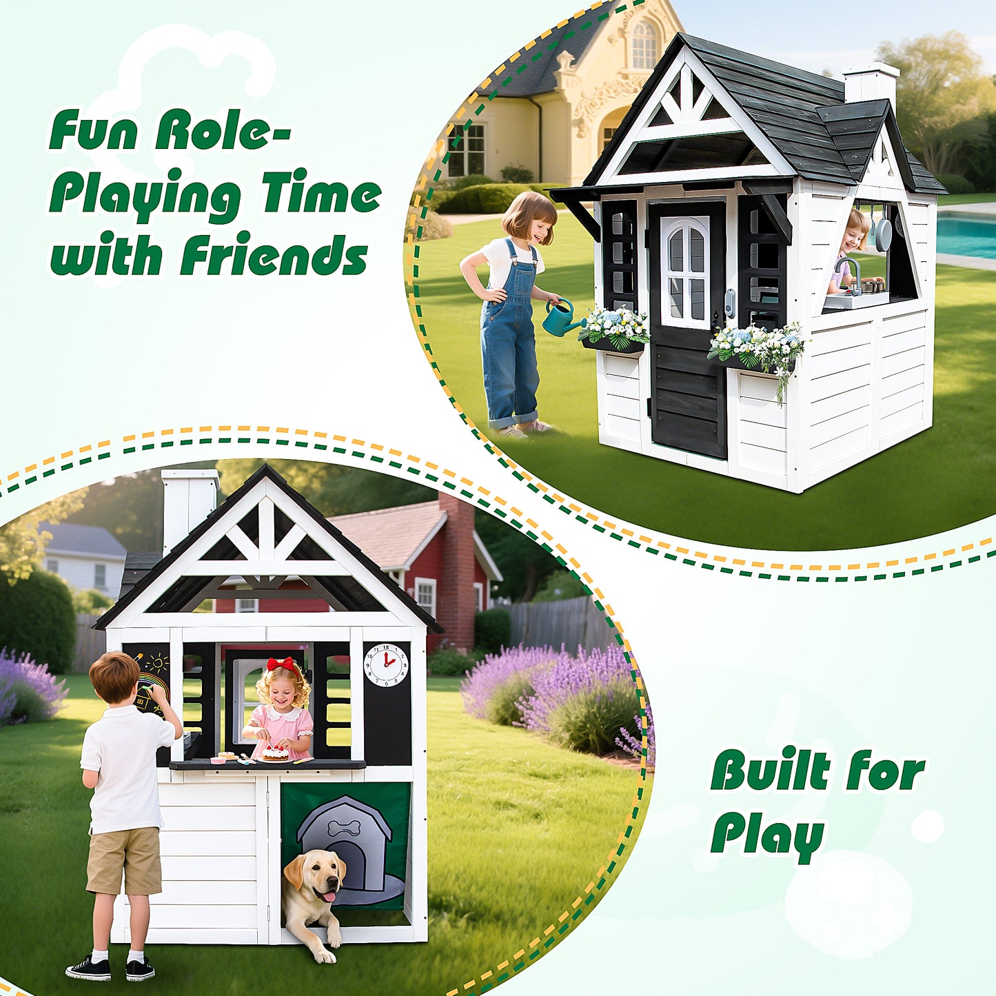 iRerts Outdoor Playhouse, Wooden Playhouse for Kids Play House with Front Door, Flower Pot Holders, Stove, Sink, Doorbell, Windows, Indoor Outdoor Kids Play Equipment Gift for Ages 2+, Black+White