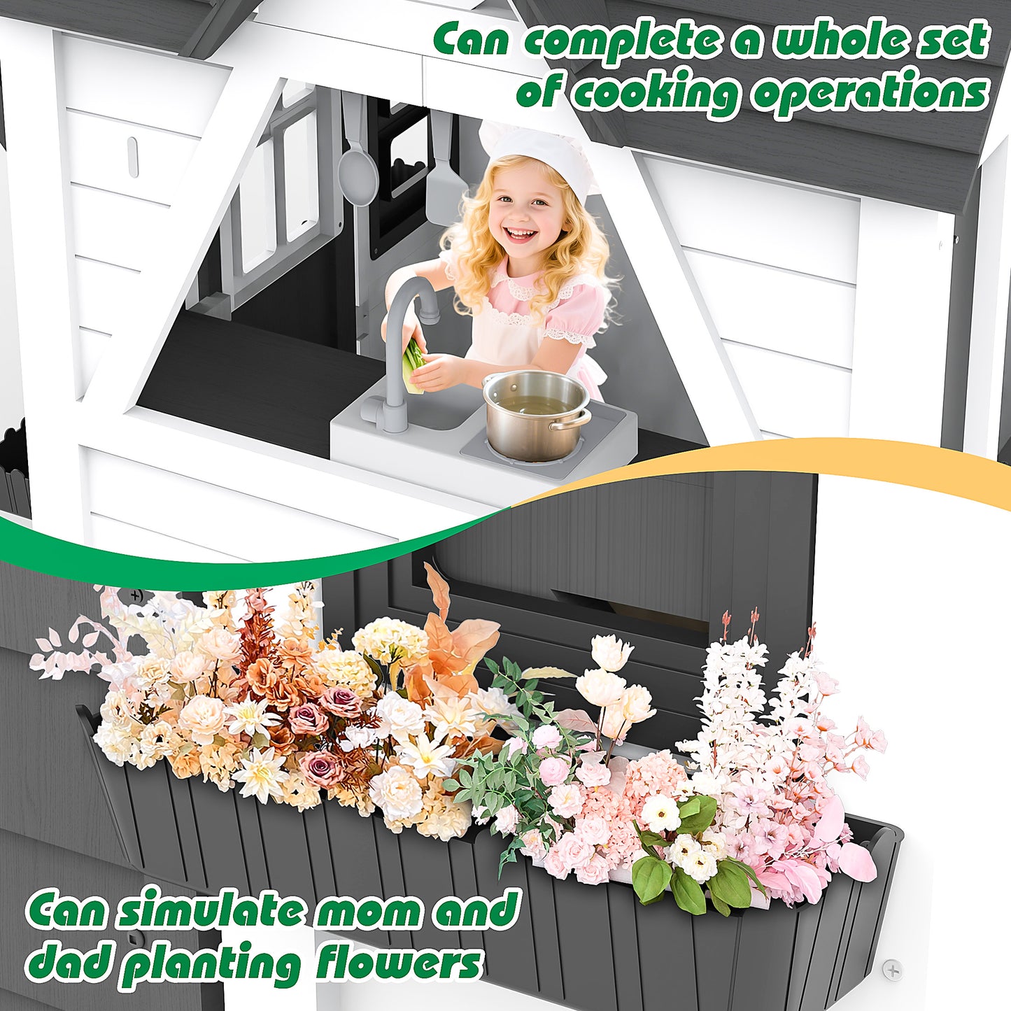 iRerts Outdoor Playhouse, Wooden Playhouse for Kids Play House with Front Door, Flower Pot Holders, Stove, Sink, Doorbell, Windows, Indoor Outdoor Kids Play Equipment Gift for Ages 2+, Black+White