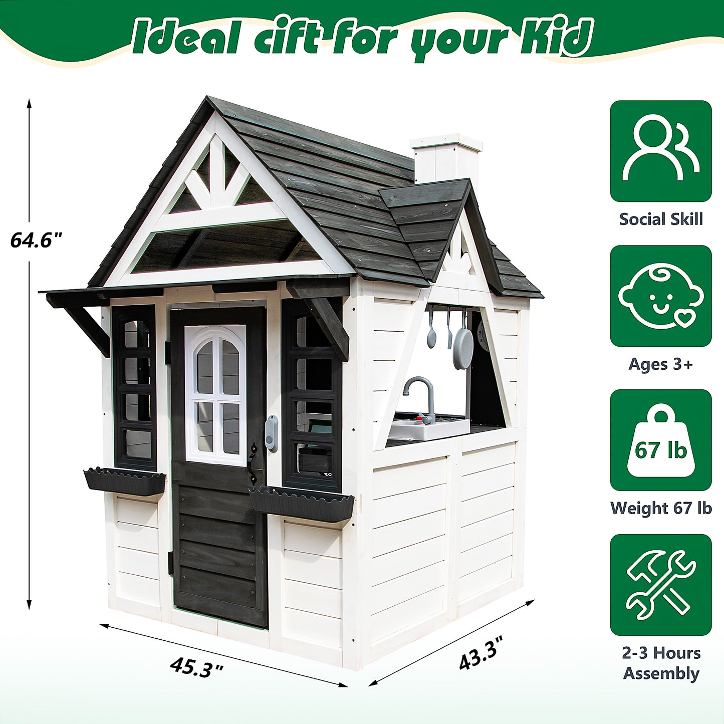 iRerts Outdoor Playhouse, Wooden Playhouse for Kids Play House with Front Door, Flower Pot Holders, Stove, Sink, Doorbell, Windows, Indoor Outdoor Kids Play Equipment Gift for Ages 2+, Black+White