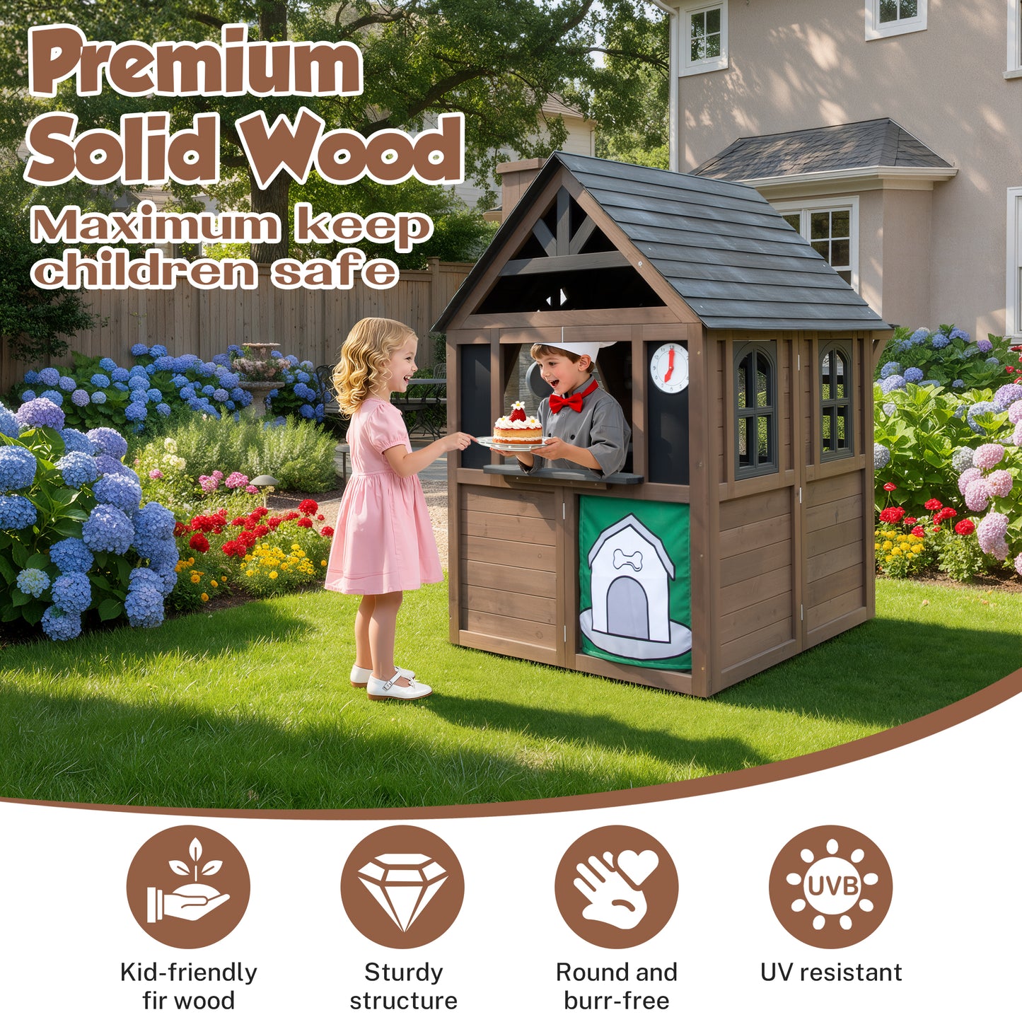 iRerts Outdoor Playhouse, Wooden Playhouse for Kids Play House with Front Door, Flower Pot Holders, Stove, Sink, Doorbell, Windows, Indoor Outdoor Kids Play Equipment Gift for Ages 2+, Black+Brown