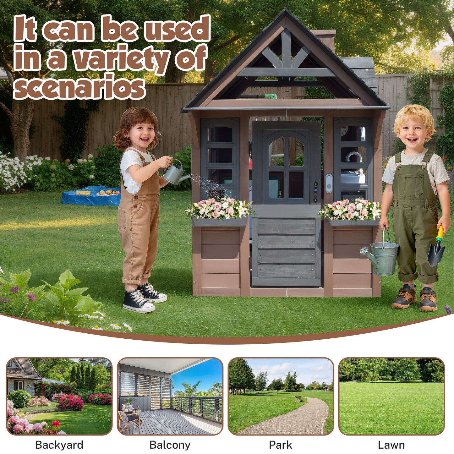 iRerts Outdoor Playhouse, Wooden Playhouse for Kids Play House with Front Door, Flower Pot Holders, Stove, Sink, Doorbell, Windows, Indoor Outdoor Kids Play Equipment Gift for Ages 2+, Black+Brown