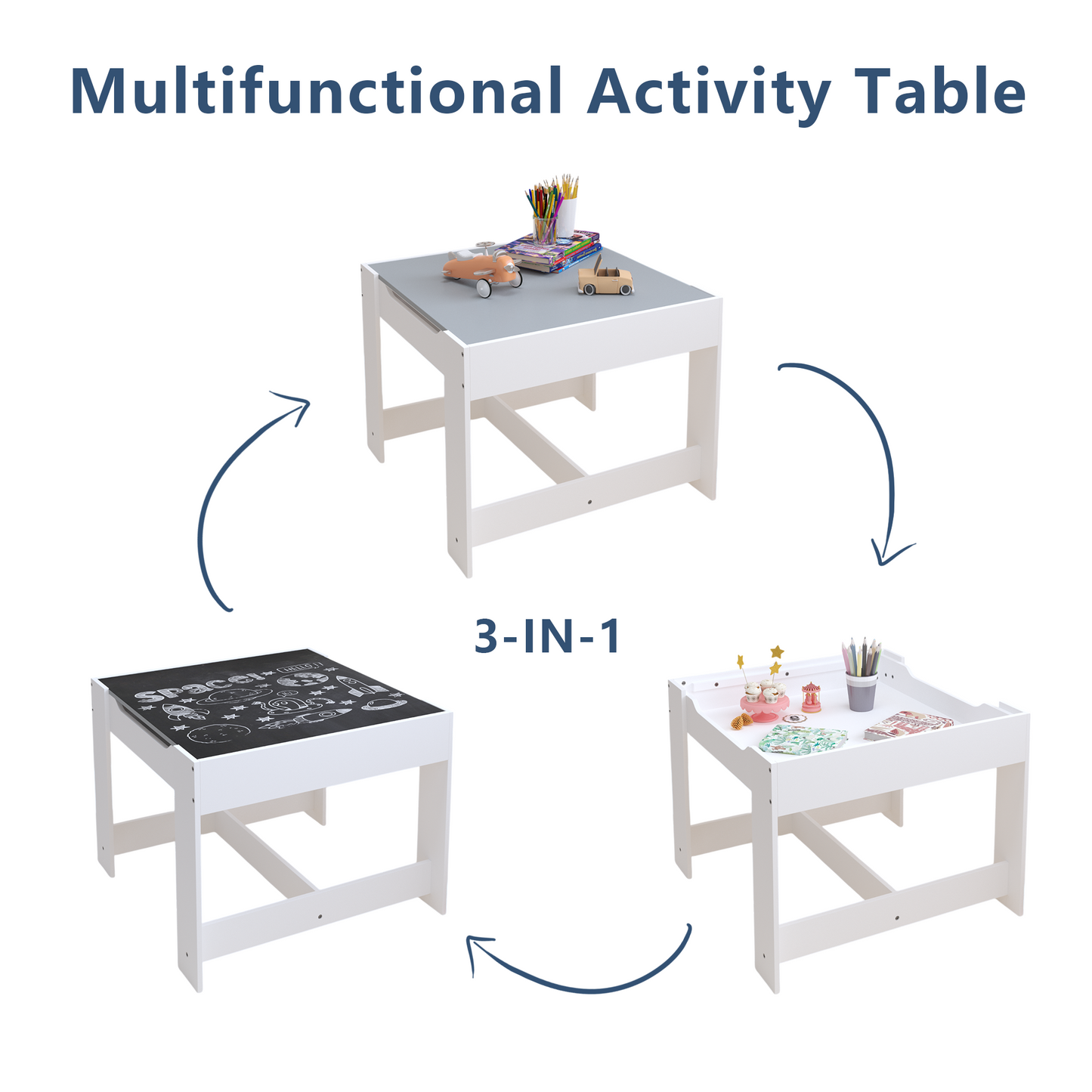 iRerts Kids Table and Chairs Set 5 Piece, Wooden Table and 4 Chairs with Storage Function for Children Toddler, Gray and White