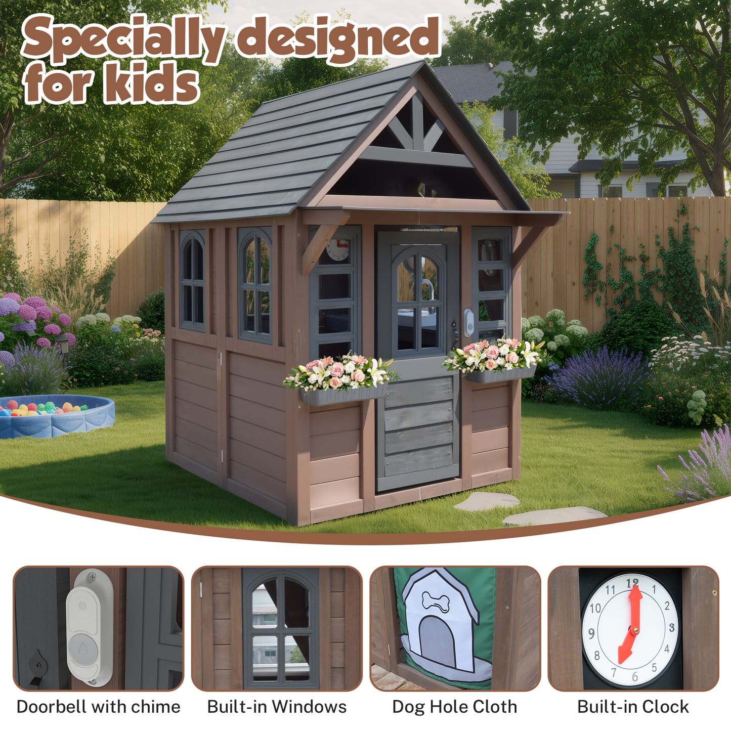 iRerts Outdoor Playhouse, Wooden Playhouse for Kids Play House with Front Door, Flower Pot Holders, Stove, Sink, Doorbell, Windows, Indoor Outdoor Kids Play Equipment Gift for Ages 2+, Black+Brown