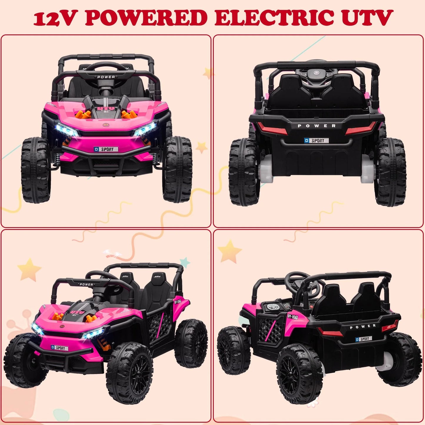 12V Ride on UTV Cars for Kids, Battery Powered Ride on Toys with Remote Control, Bluetooth, MP3 Player, LED Headlights, Safety Belt, 4 Wheeler Suspension, Electric Car for Kids 3-6 Boys Girls, Pink