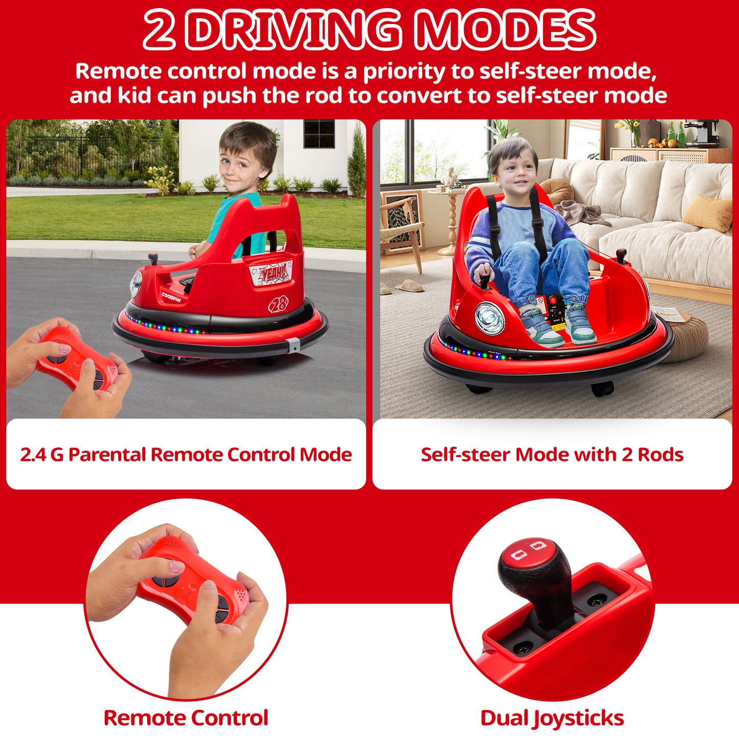 iRerts 12V Bumper Cars for Kids, Bumper Car Ride on with Remote Control, Battery Powered Kids Ride on Toys for 2-5 Year Old Boys Girls, Kids Electric Cars with Bluetooth, Music, LED Light, Red