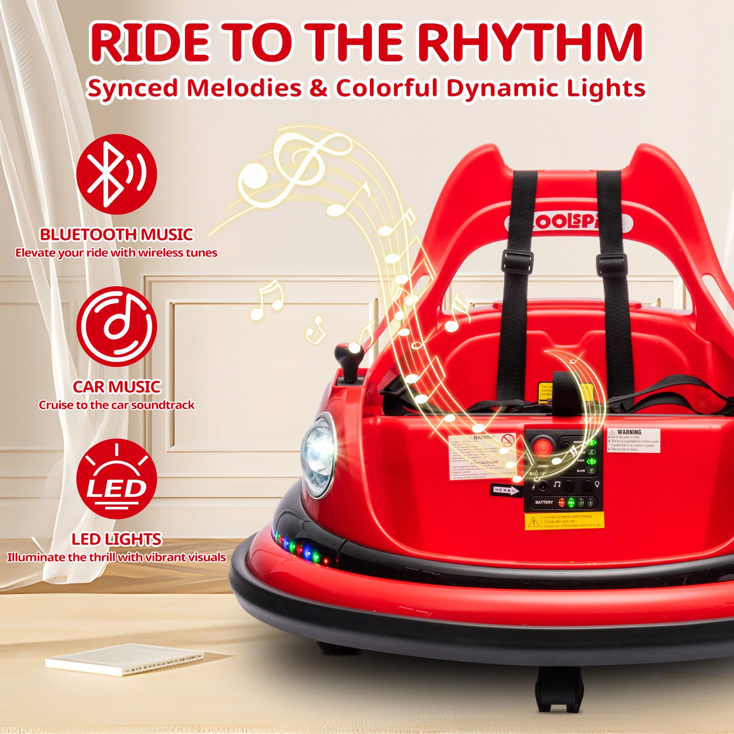 iRerts 12V Bumper Cars for Kids, Bumper Car Ride on with Remote Control, Battery Powered Kids Ride on Toys for 2-5 Year Old Boys Girls, Kids Electric Cars with Bluetooth, Music, LED Light, Red