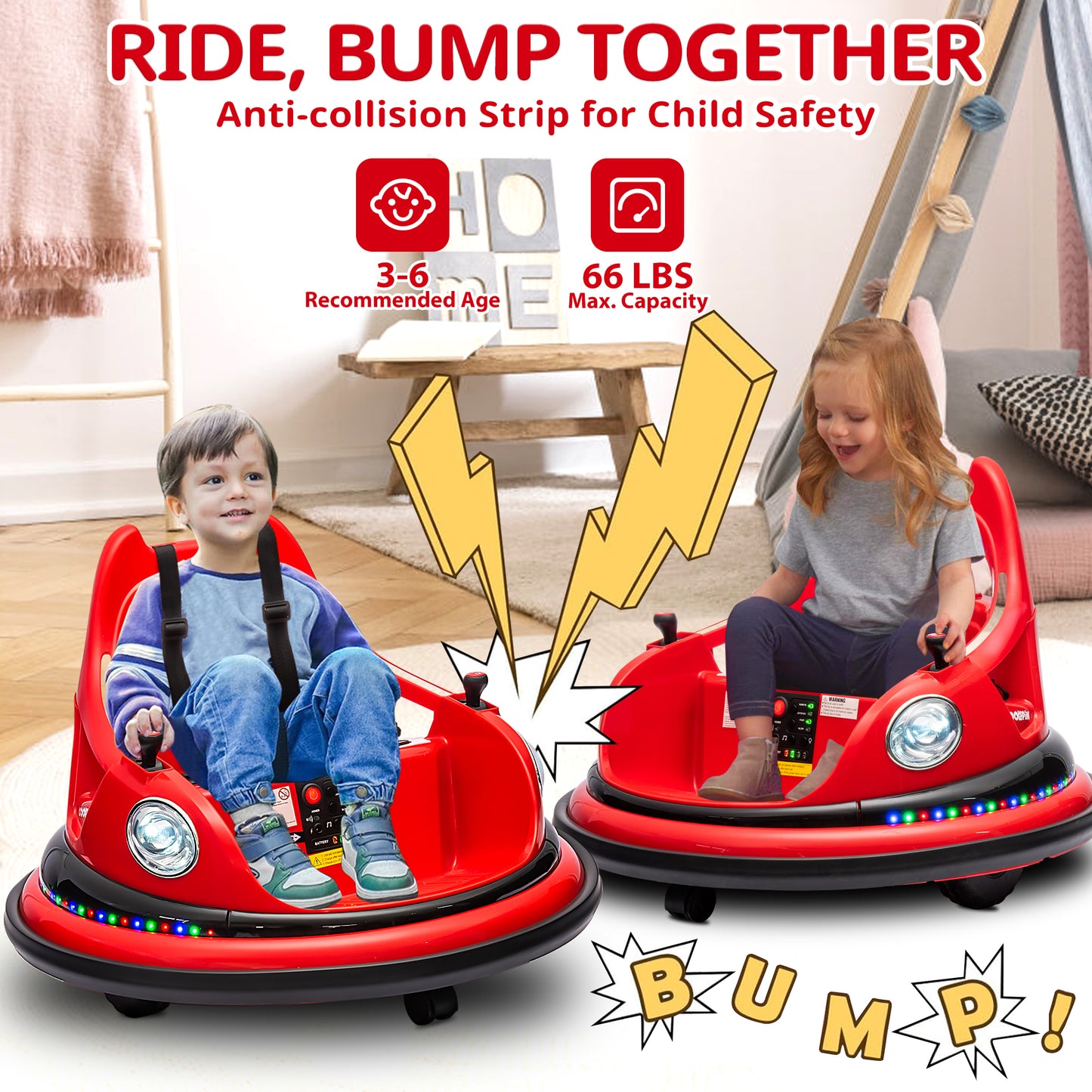 iRerts 12V Bumper Cars for Kids, Bumper Car Ride on with Remote Control, Battery Powered Kids Ride on Toys for 2-5 Year Old Boys Girls, Kids Electric Cars with Bluetooth, Music, LED Light, Red