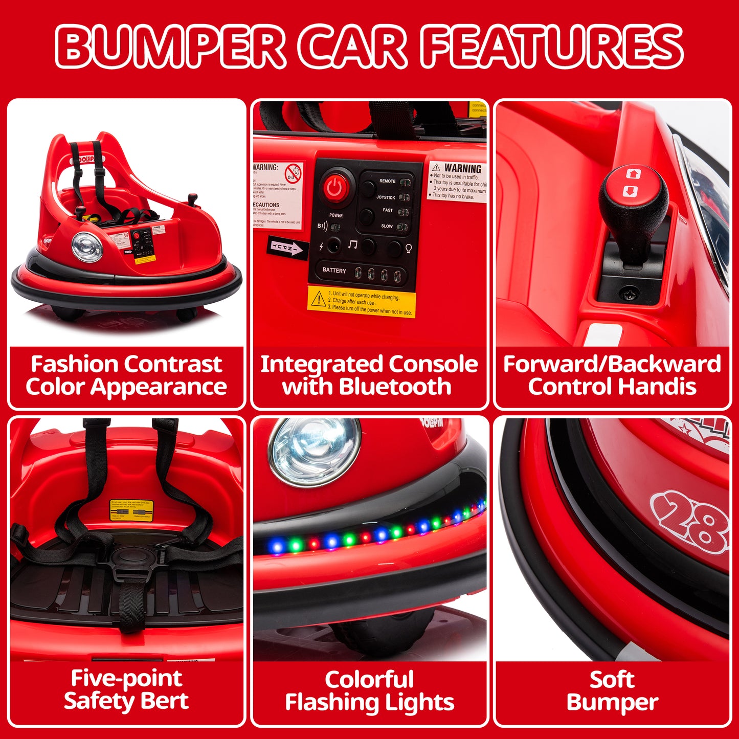 iRerts 12V Bumper Cars for Kids, Bumper Car Ride on with Remote Control, Battery Powered Kids Ride on Toys for 2-5 Year Old Boys Girls, Kids Electric Cars with Bluetooth, Music, LED Light, Red
