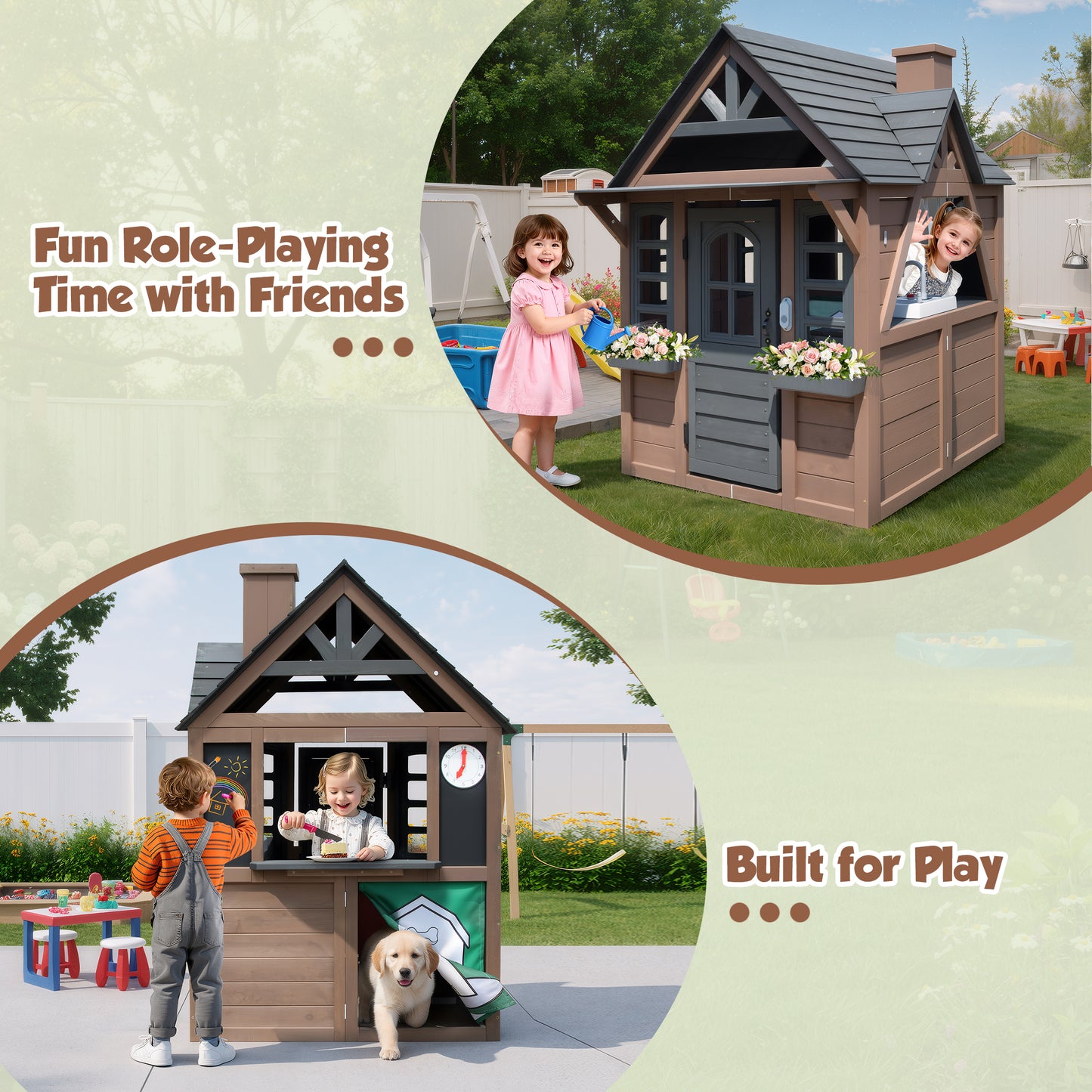 iRerts Outdoor Playhouse, Wooden Playhouse for Kids Play House with Front Door, Flower Pot Holders, Stove, Sink, Doorbell, Windows, Indoor Outdoor Kids Play Equipment Gift for Ages 2+, Black+Brown