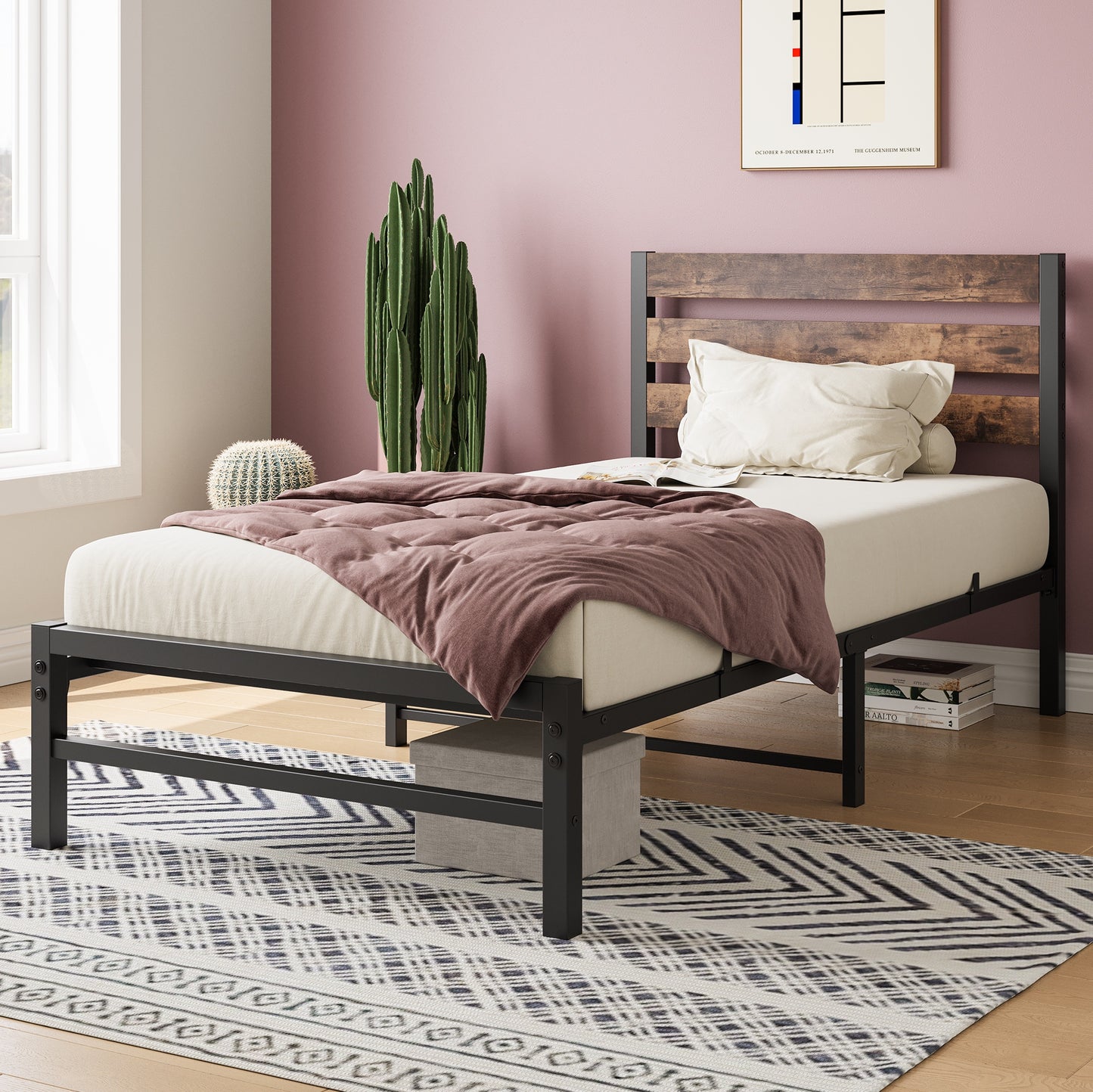iRerts Twin Bed Frame with Headboard, Metal Platform Bed Frame No Box Spring Needed, Bed Frame Twin Size with Metal Support,  Noise-Free, Under Bed Storage, Easy Assembly, Rustic Brown