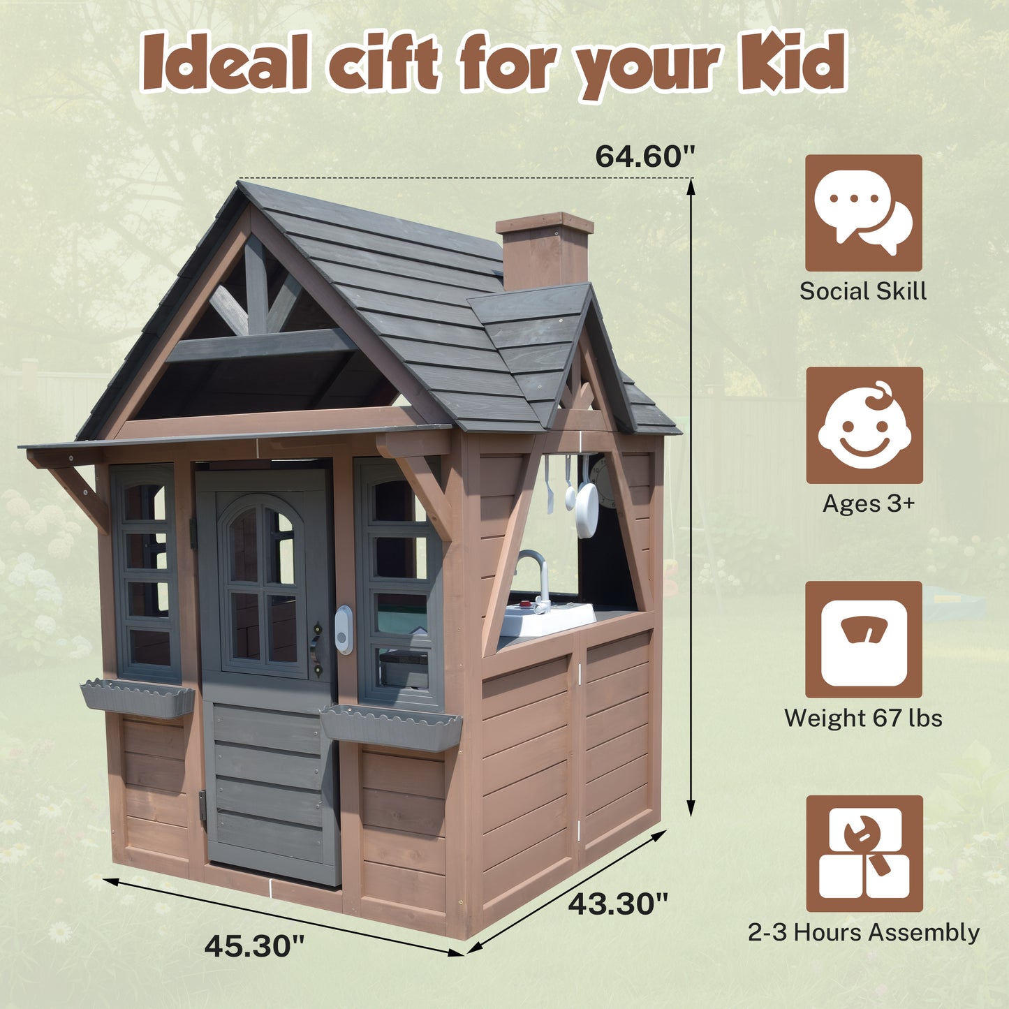 iRerts Outdoor Playhouse, Wooden Playhouse for Kids Play House with Front Door, Flower Pot Holders, Stove, Sink, Doorbell, Windows, Indoor Outdoor Kids Play Equipment Gift for Ages 2+, Black+Brown