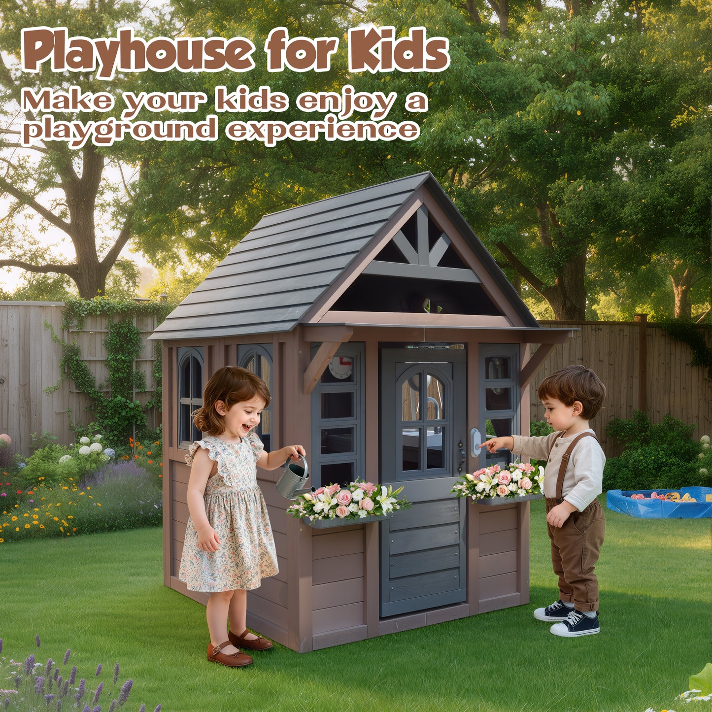 iRerts Outdoor Playhouse, Wooden Playhouse for Kids Play House with Front Door, Flower Pot Holders, Stove, Sink, Doorbell, Windows, Indoor Outdoor Kids Play Equipment Gift for Ages 2+, Black+Brown
