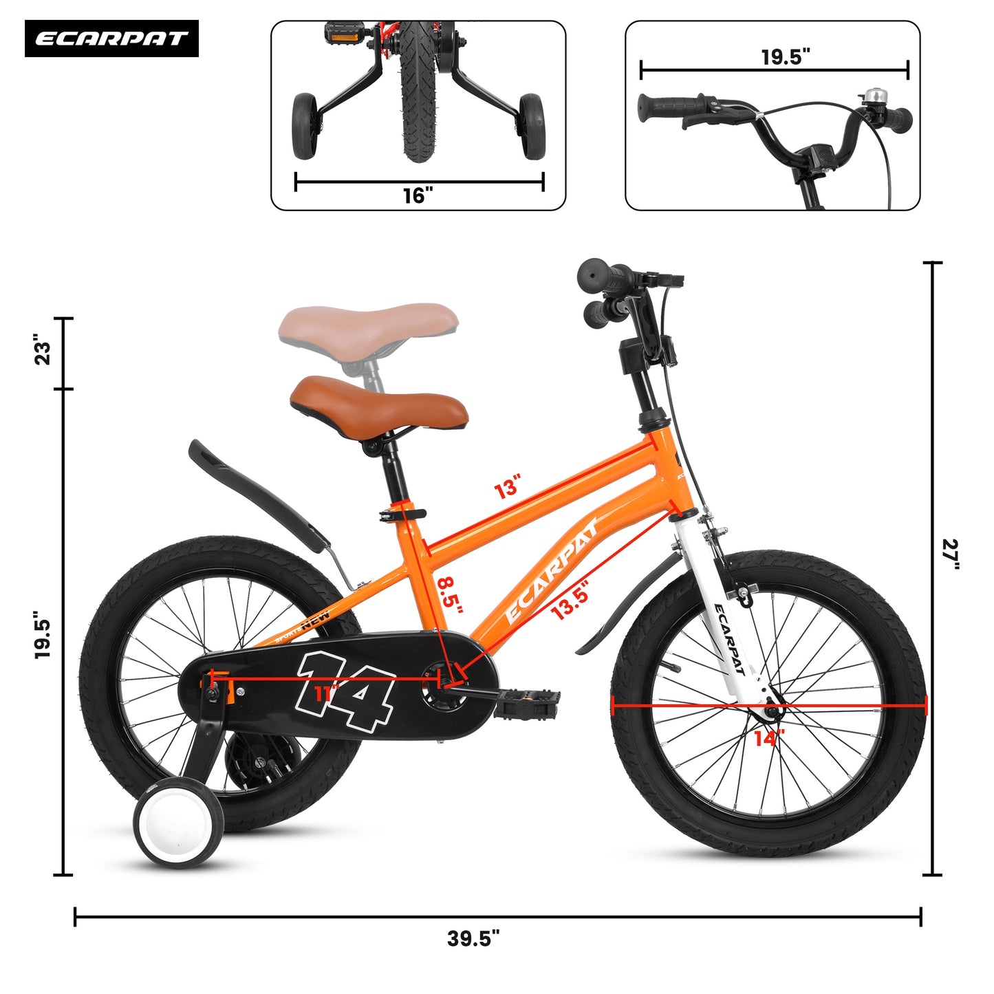 iRerts Kids Bicycles 14 Inch, Freestyle Kids Bike Sport Bicycle for Boys Girls 3-6 Years Old, Girls Boys Bicycles with Training Wheels, Fender, Orange