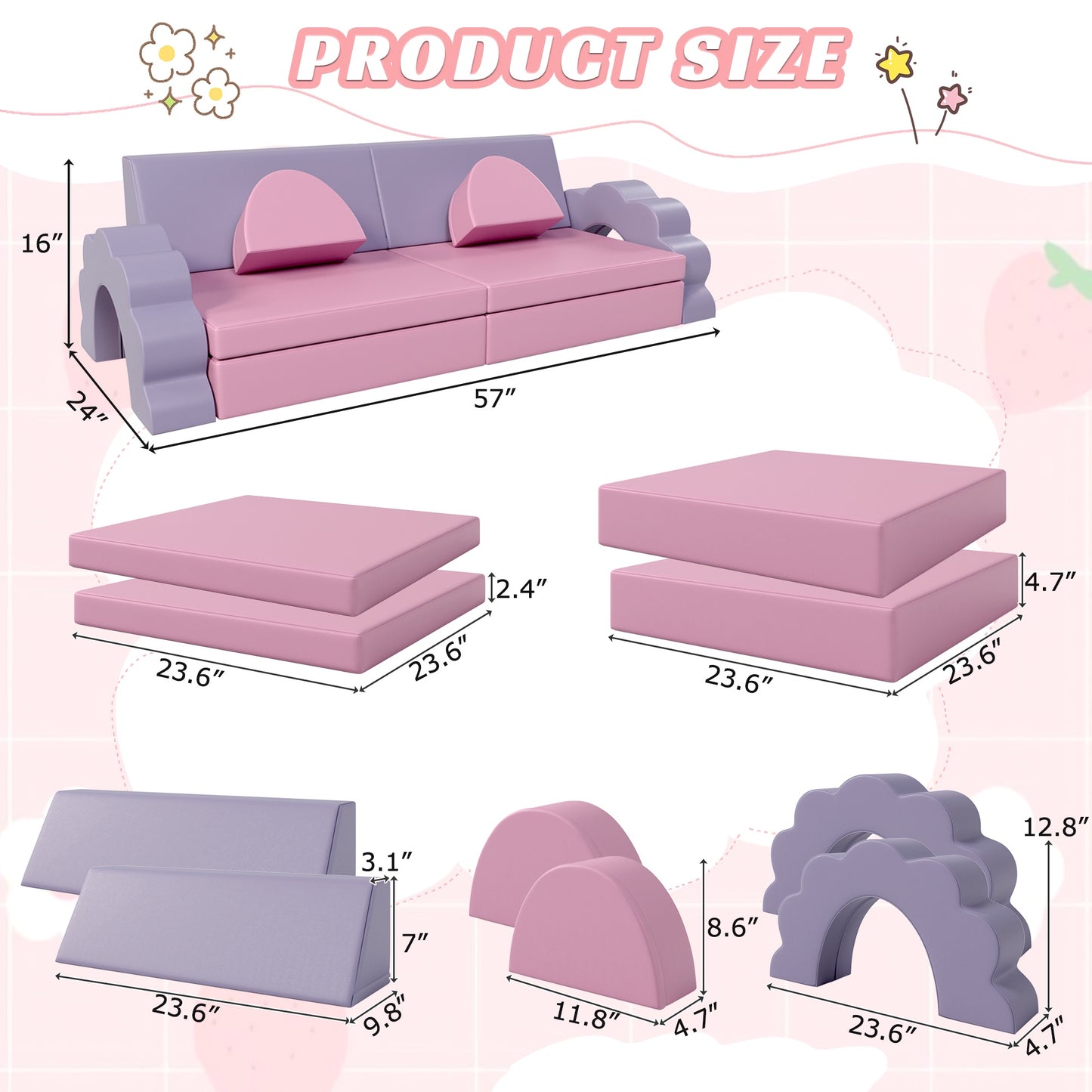 iRerts 10 PCS Modular Kids Play Couch, Kids Sofa Couch for Playroom Child Sectional Sofa, Foam Climbing Blocks Convertible Sofa, Baby Toddlers Couch Floor Sofa for Children, Pink