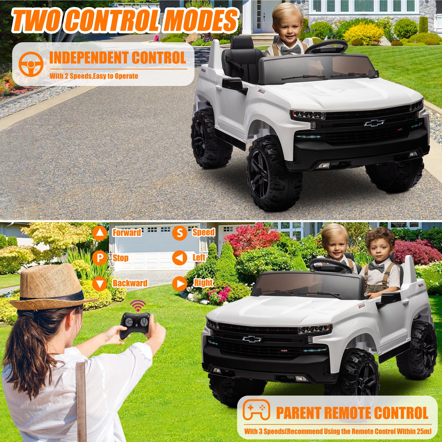 Chevrolet Silverado 24V Ride on Cars with Remote Control, 2 Seater 4 Wheels Kids Electric Cars with Bluetooth, LED Lights, Battery Powered Ride on Truck Toys for Boys Girls Christmas Gifts, White